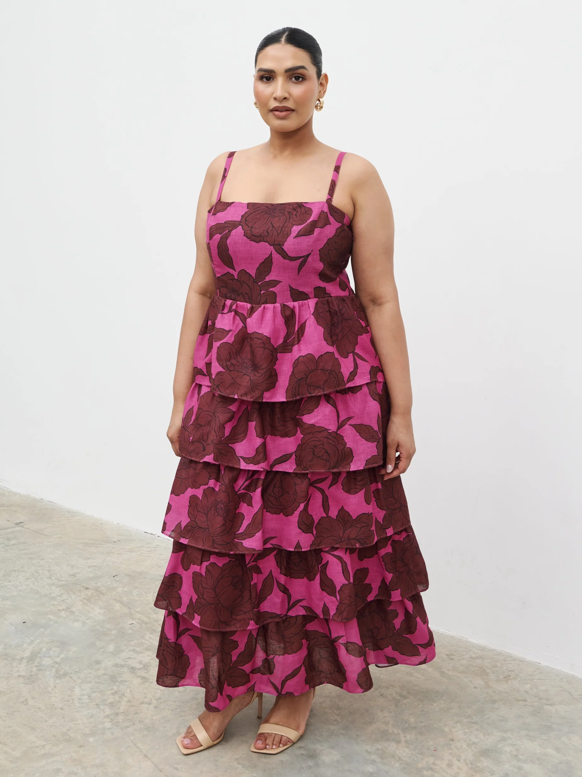 Aalyiah Square Neck Ruffle Midaxi Dress Curve - Brown and Fuchsia Floral