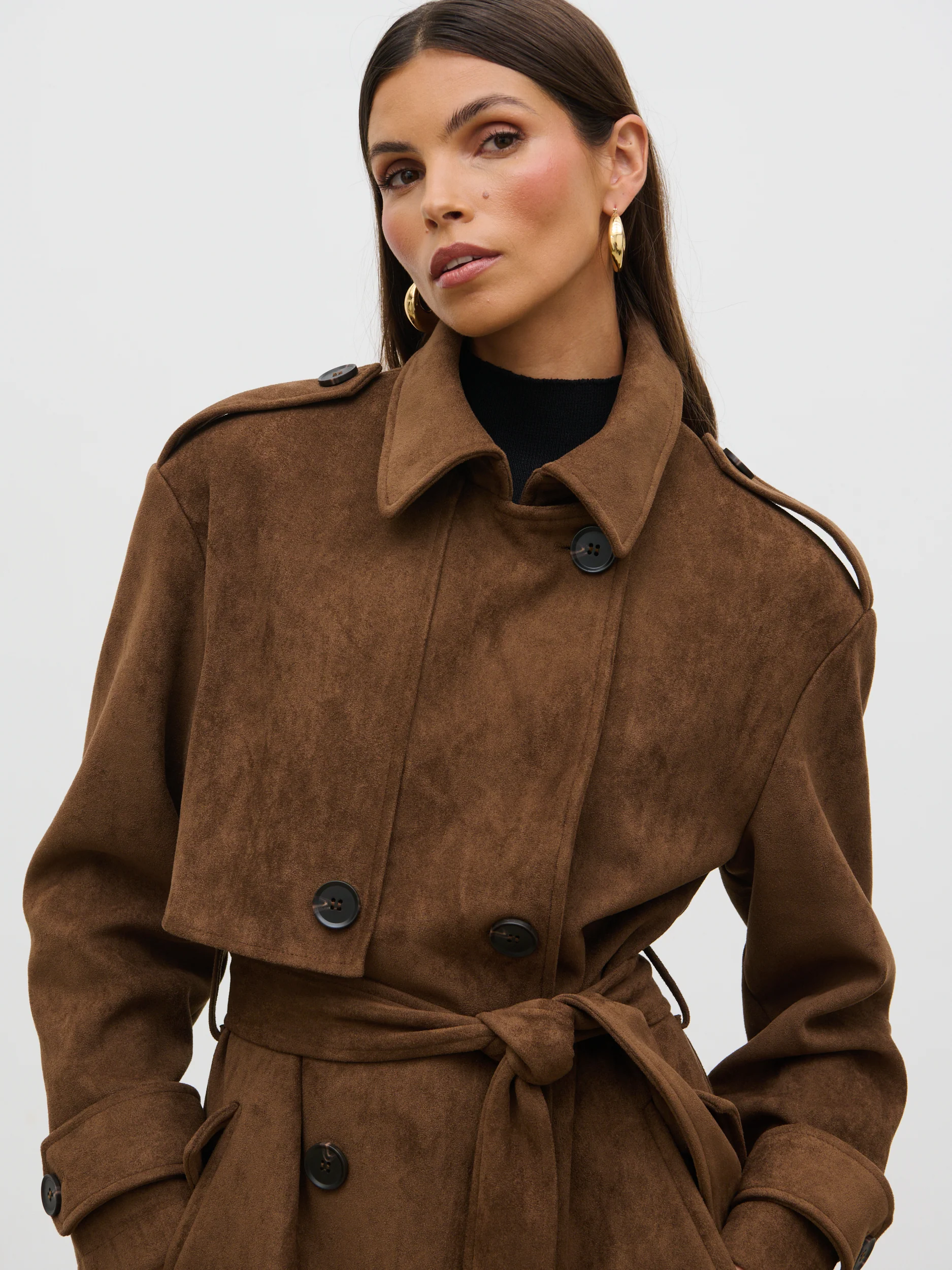 Agnes Longline Faux Suede Trench Coat - Chocolate Brown