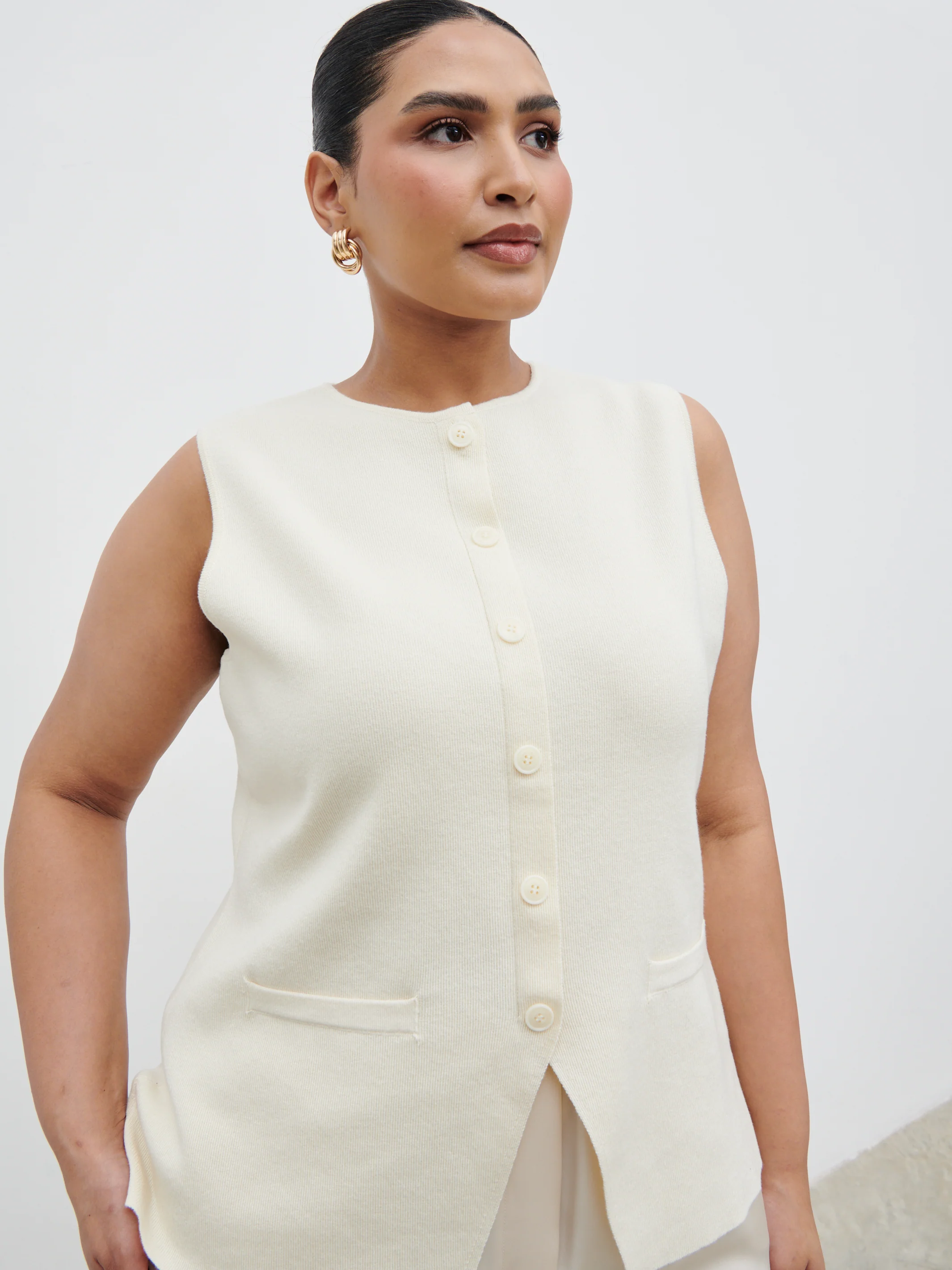 Alba Knit Longline Waistcoat Curve - Cream - Image 2