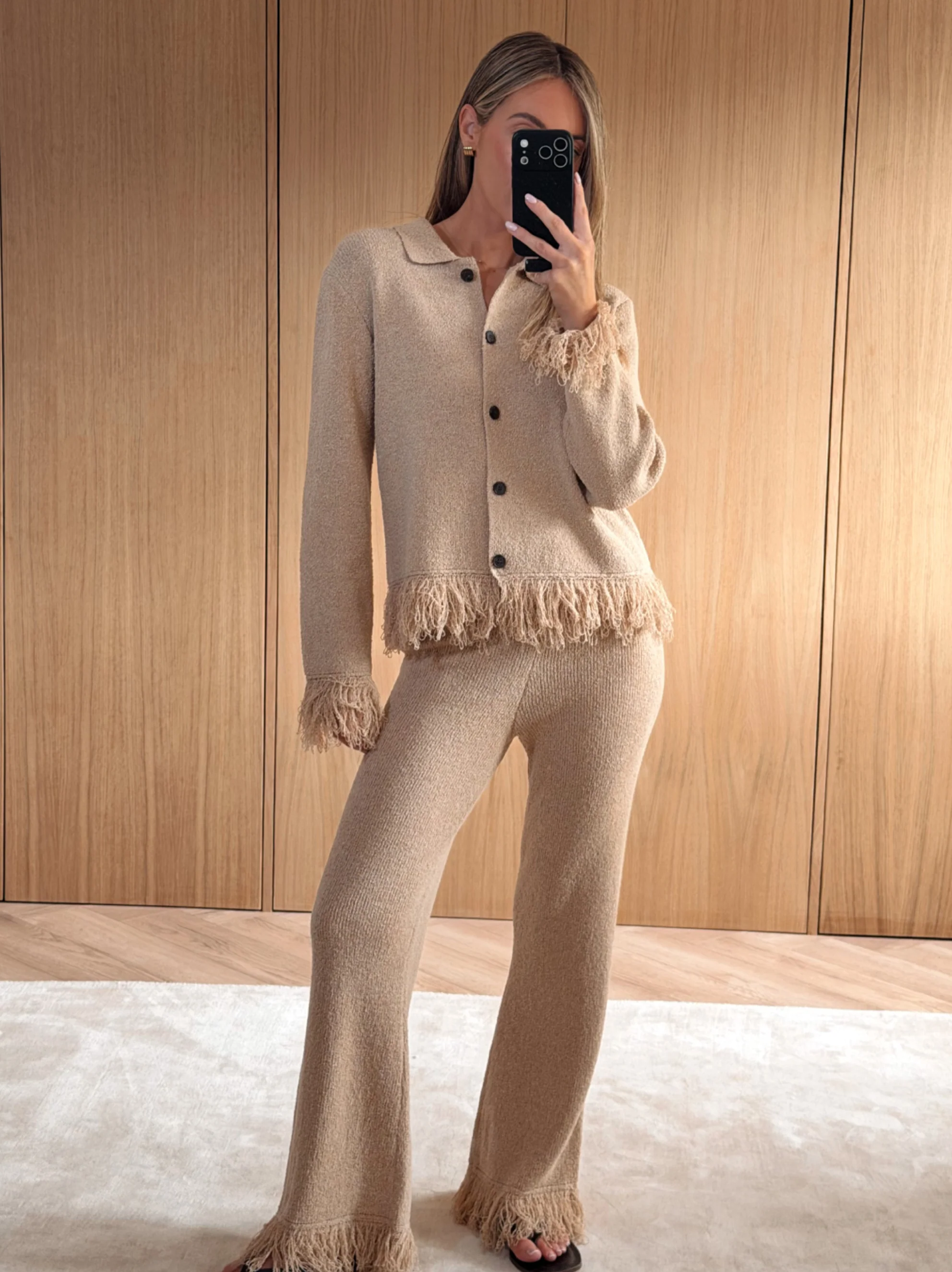 Analeia Fringe Knit Trousers - Beige