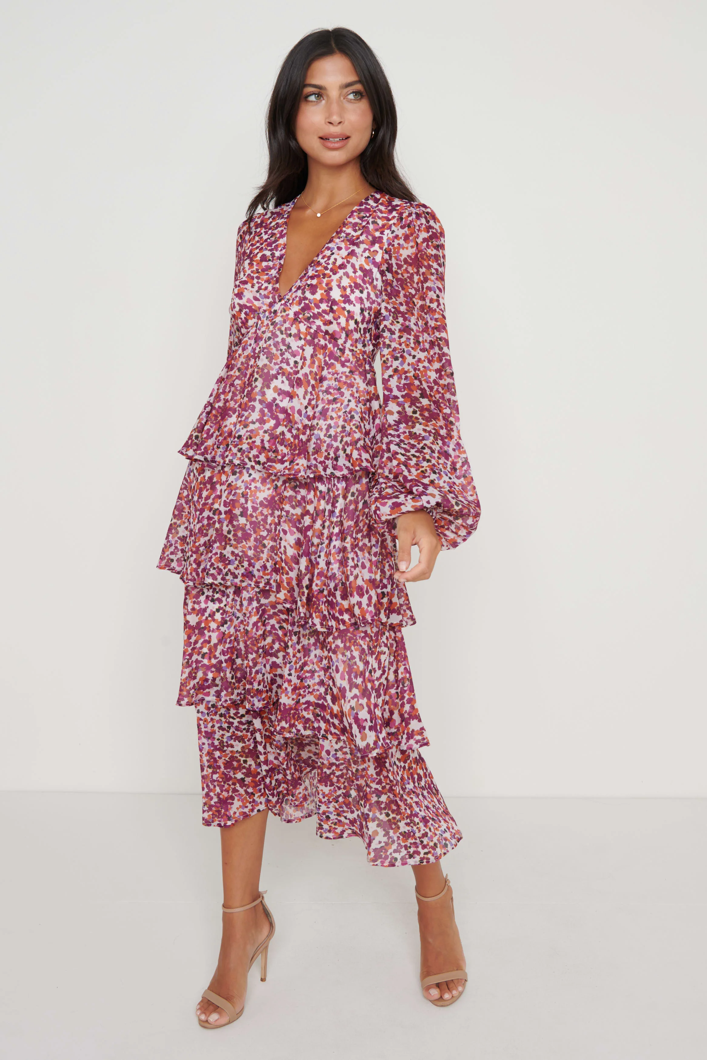 Ashton Ruffle Midi Dress  - Coral Abstract