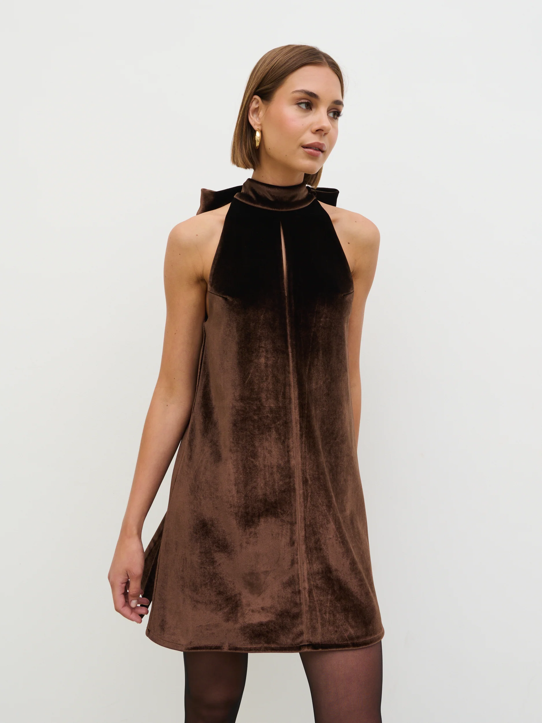 Bella Bow Velvet Mini Dress - Brown