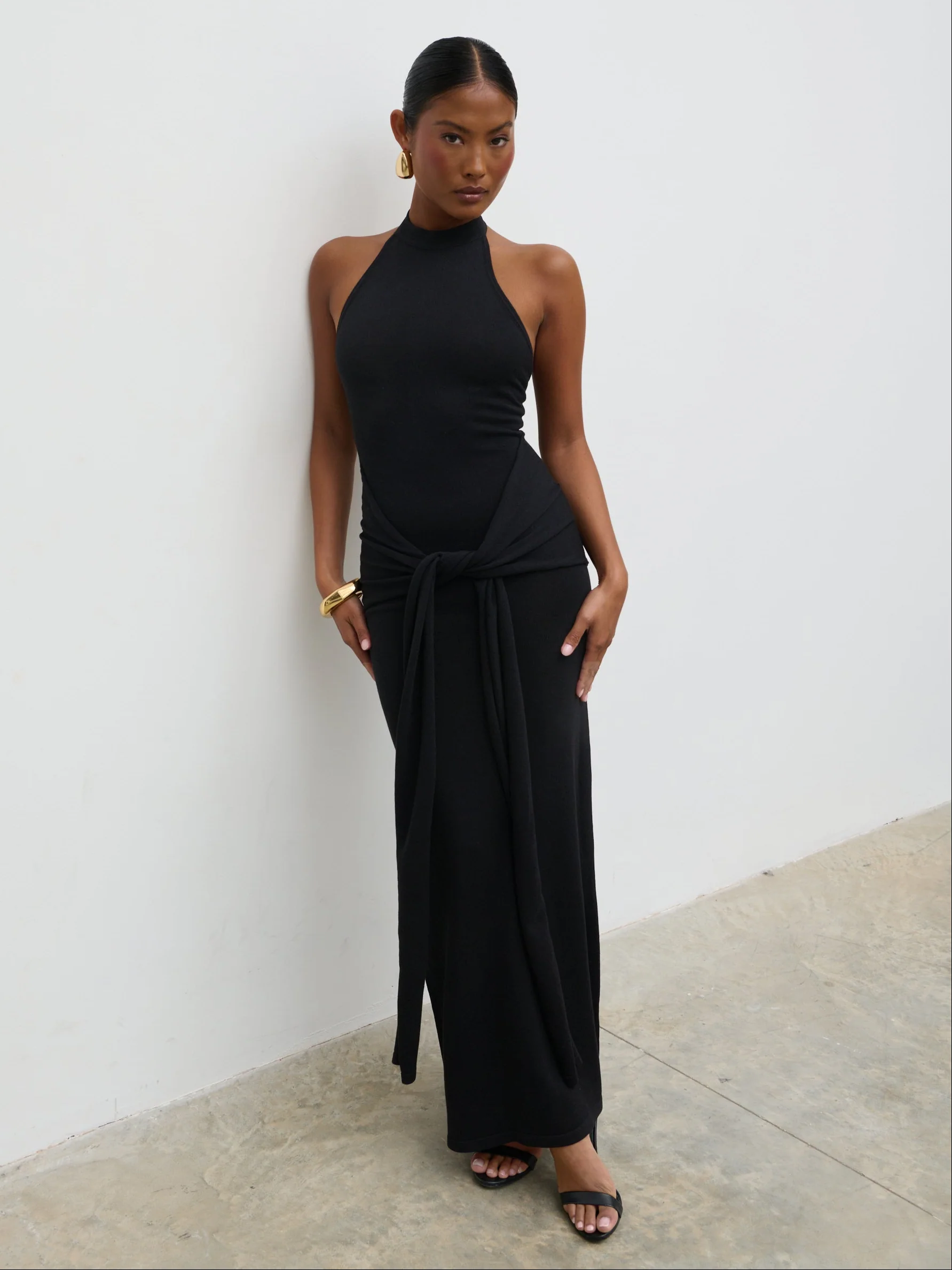 Bernelle Halterneck Tie Waist Knit Midaxi Dress - Black