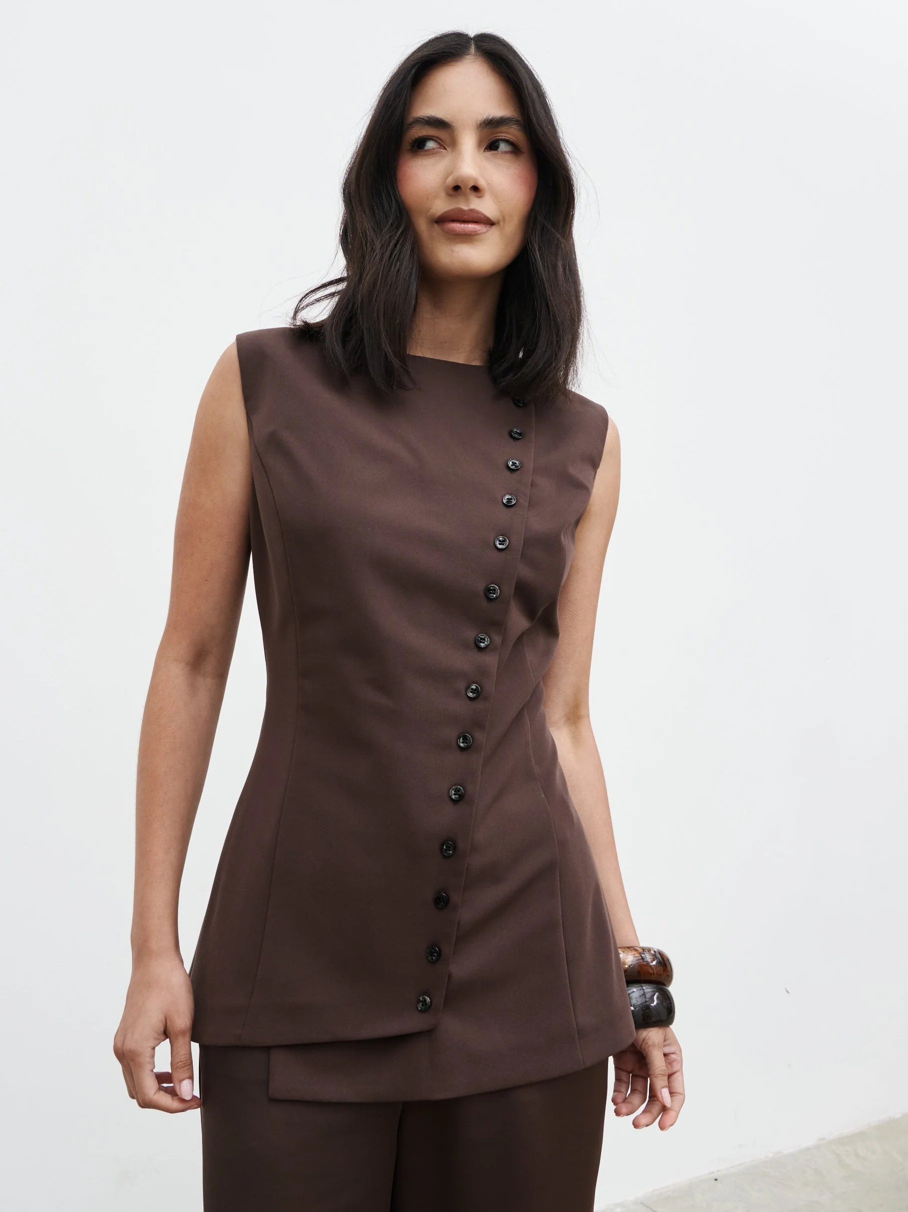 Brylee Asymmetric Button Waistcoat - Brown