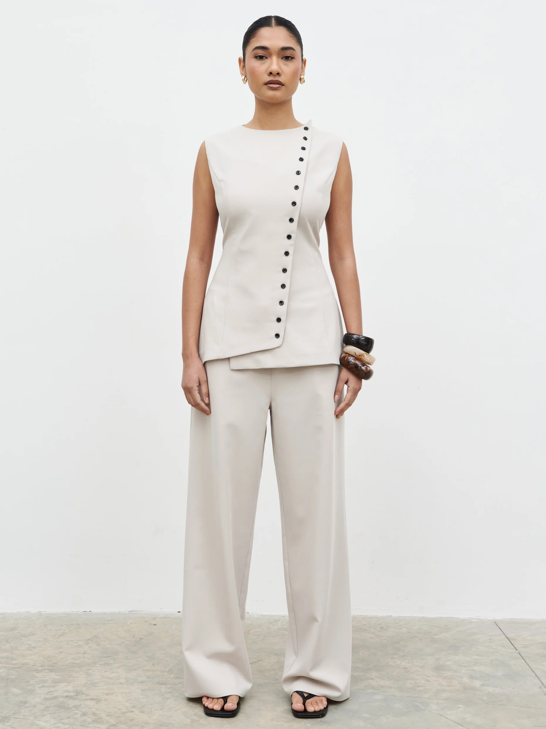 Brylee Asymmetric Button Waistcoat - Stone - Image 2