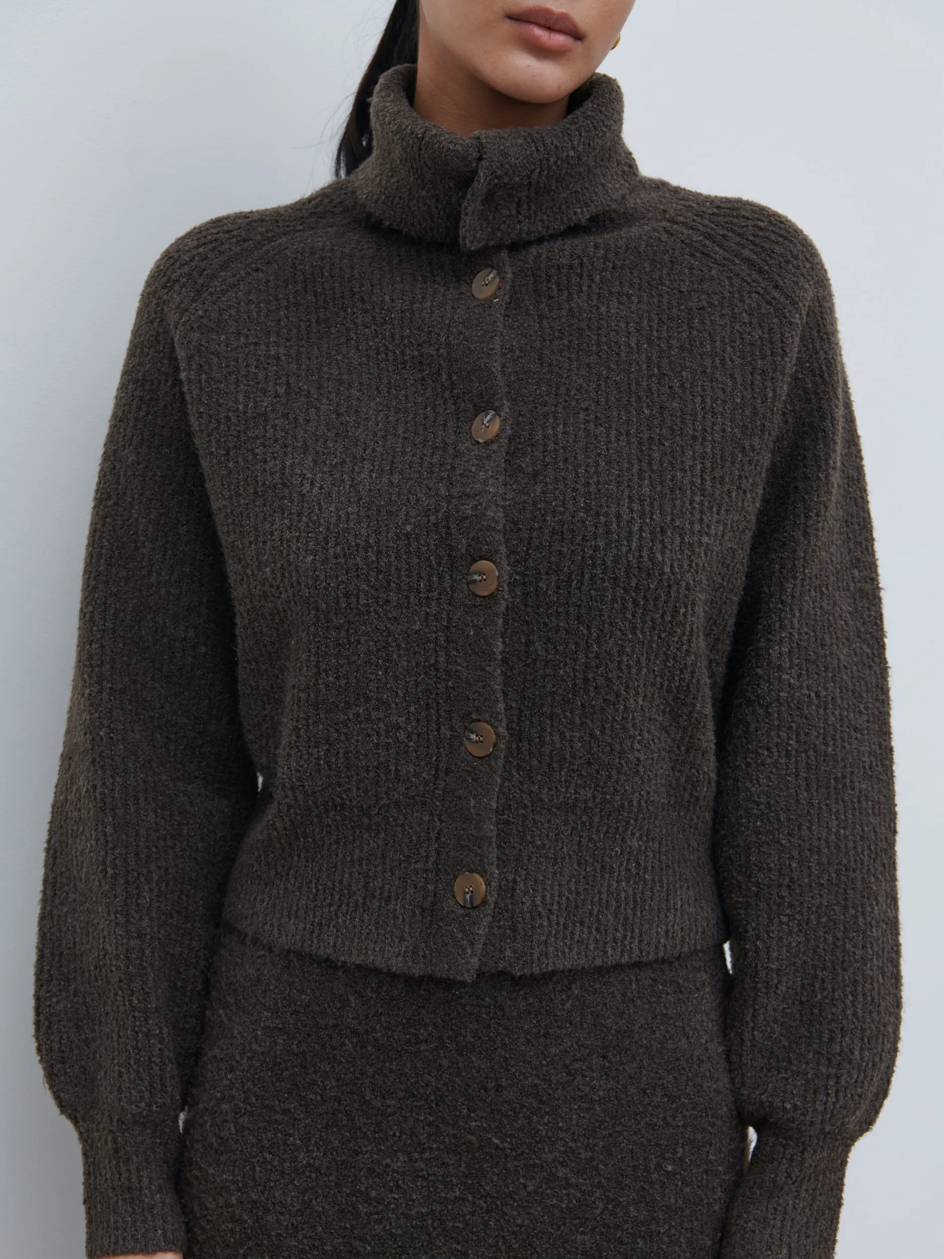 Camille High Neck Knit Cardigan - Bark - Image 2