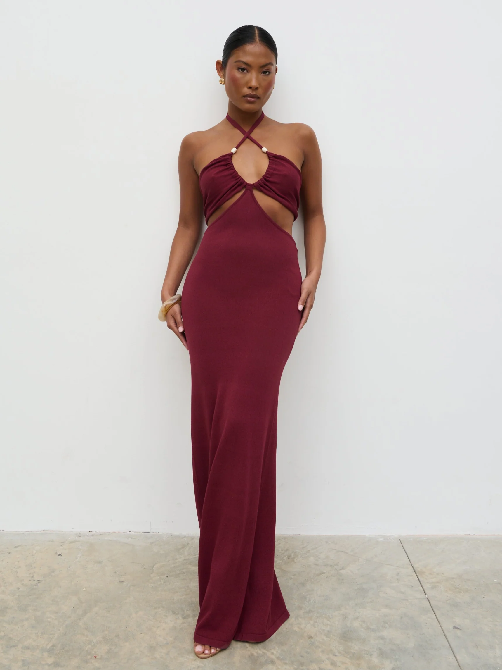 Candice Halterneck Beaded Knit Maxi Dress - Wine