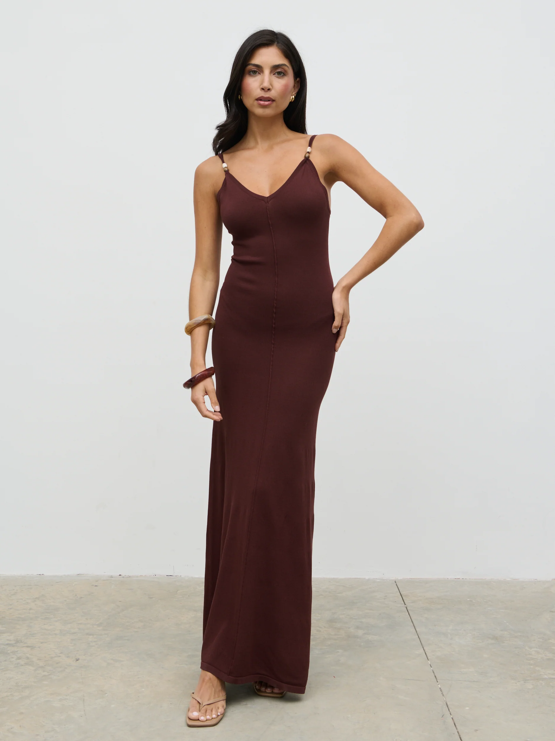 Connie Beaded V Neck Knit Maxi Dress - Brown