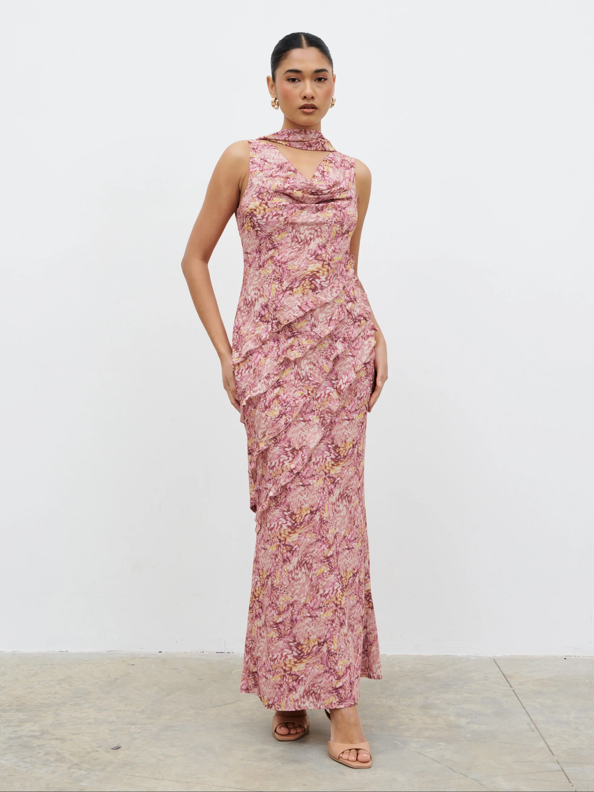 Constance Scarf Ruffle Maxi Dress - Berry Multi Abstract