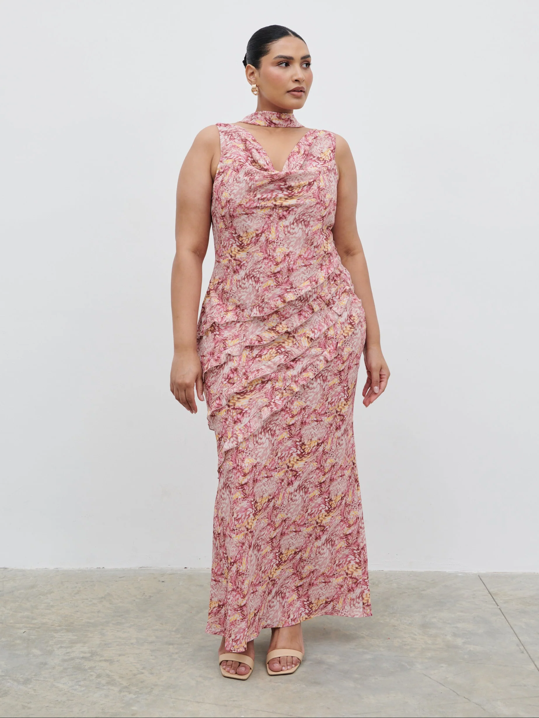 Constance Scarf Ruffle Maxi Dress Curve - Berry Multi Abstract