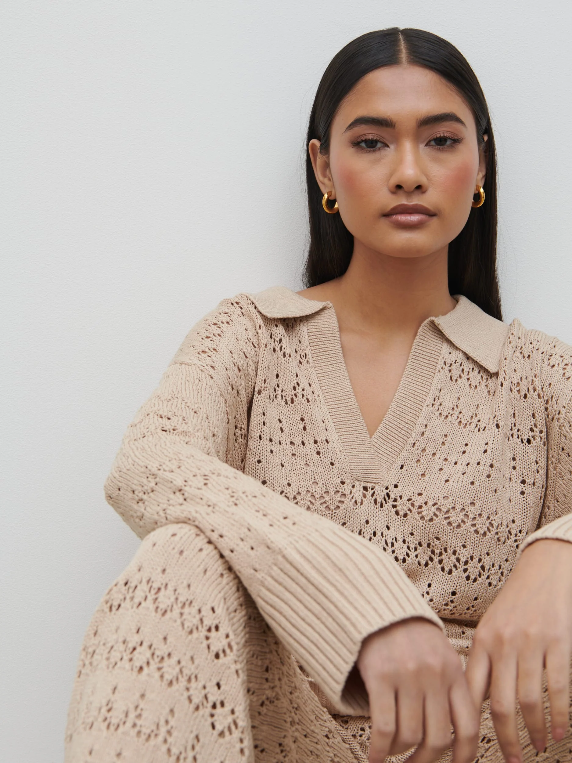 Eda Crotchet Knit V Neck Jumper - Oatmeal - Image 2