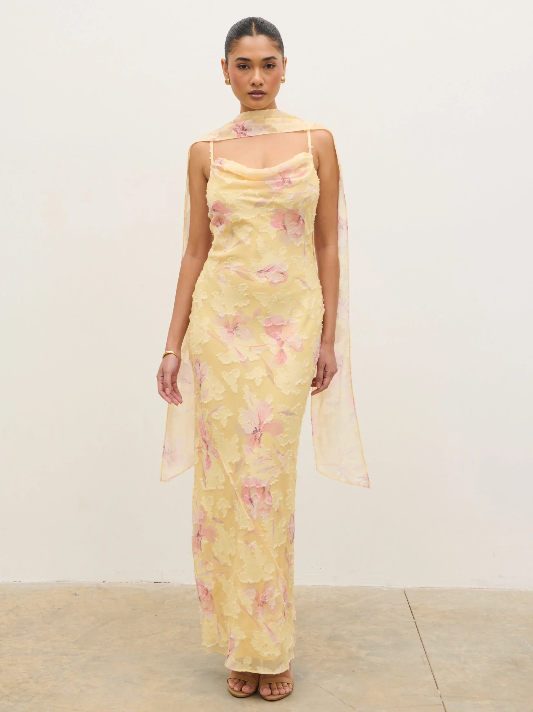 Eden Scarf Jacquard Printed Maxi Dress - Lemon Blush Floral