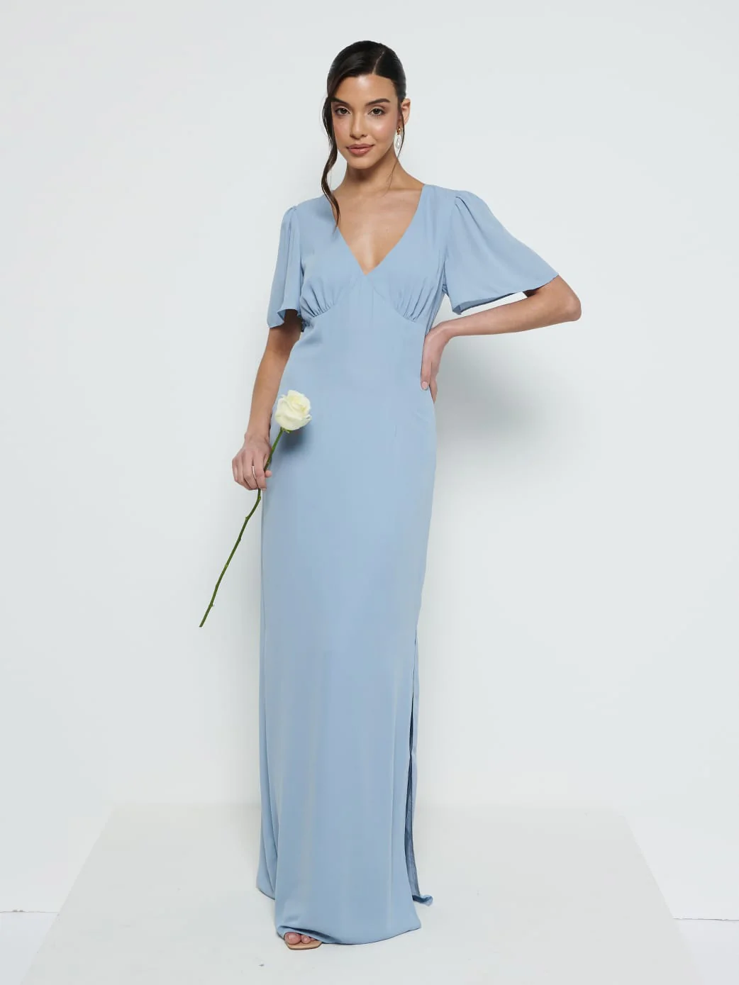 Edie Chiffon Short Sleeve Maxi Bridesmaid Dress - Dusty Blue