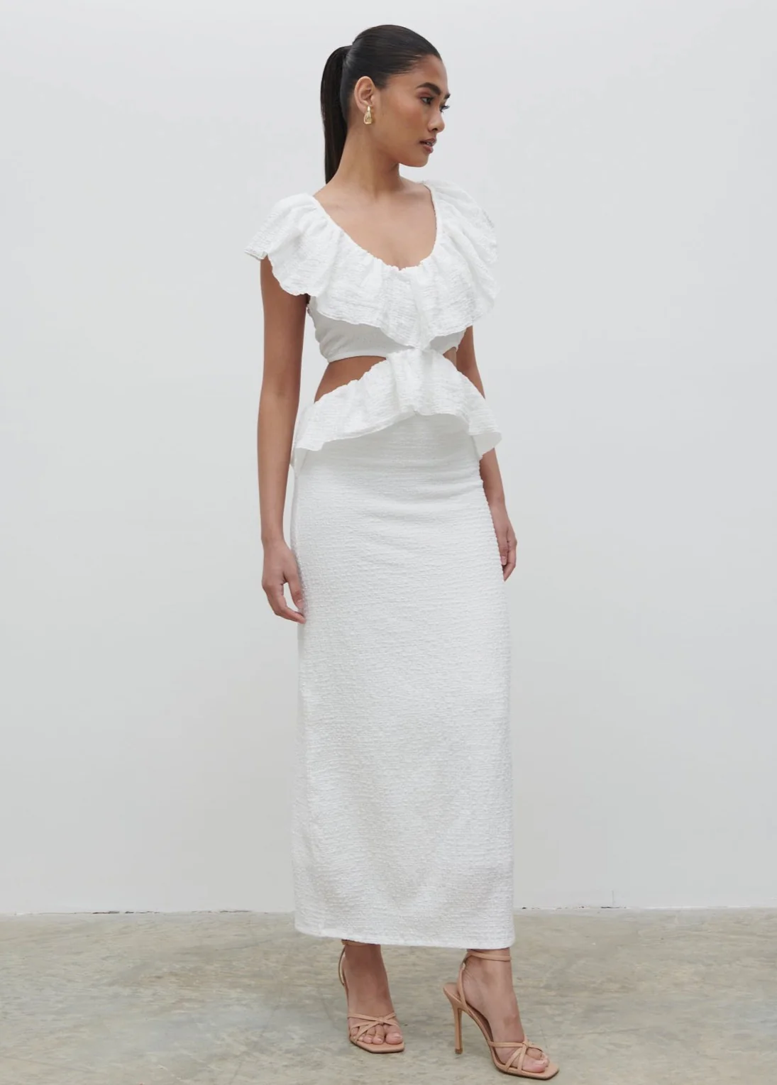 Ellis Crinkle Ruffle Jersey Dress - Cream