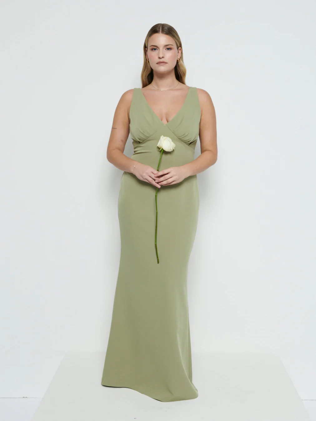 Esmee V-Neck Crepe Maxi Bridesmaid Dress - Olive