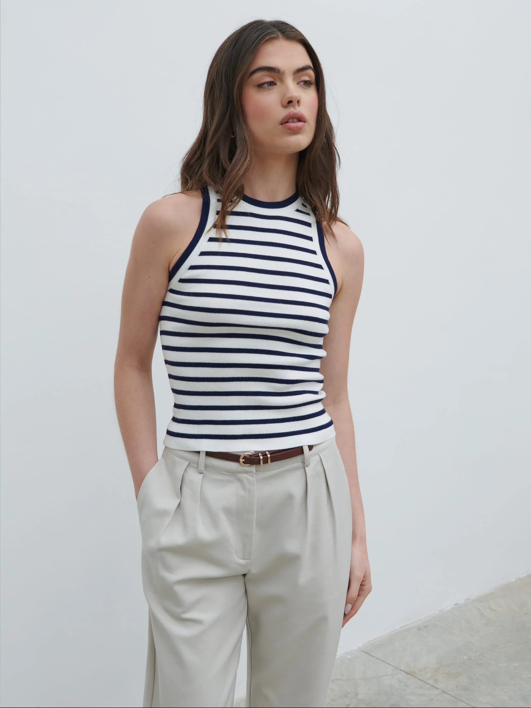 Ferne Stripe Knit Racer Top - Navy and Cream Stripe