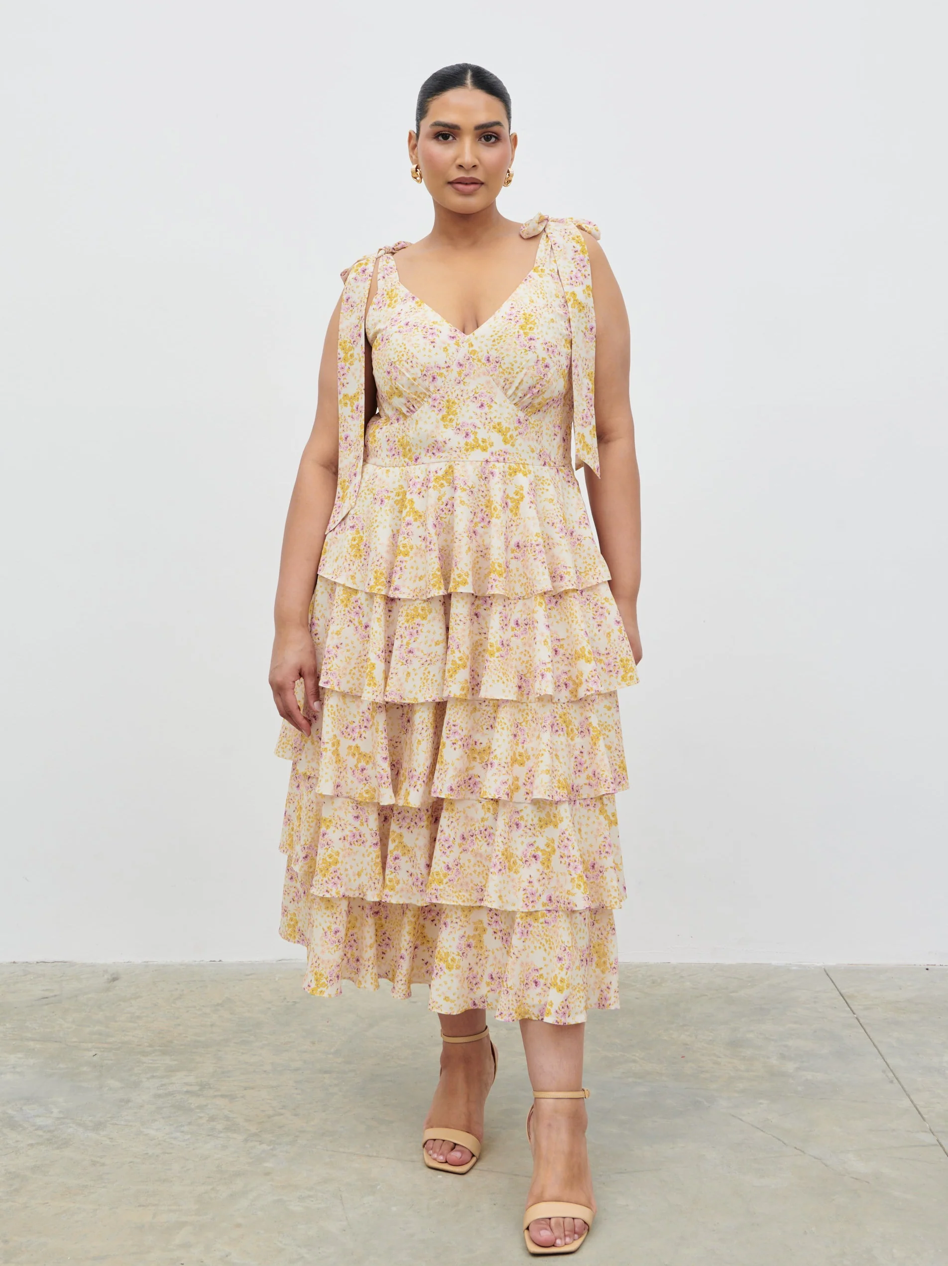 Fiore Tie Ruffle Midaxi Dress Curve - Ditsy Floral