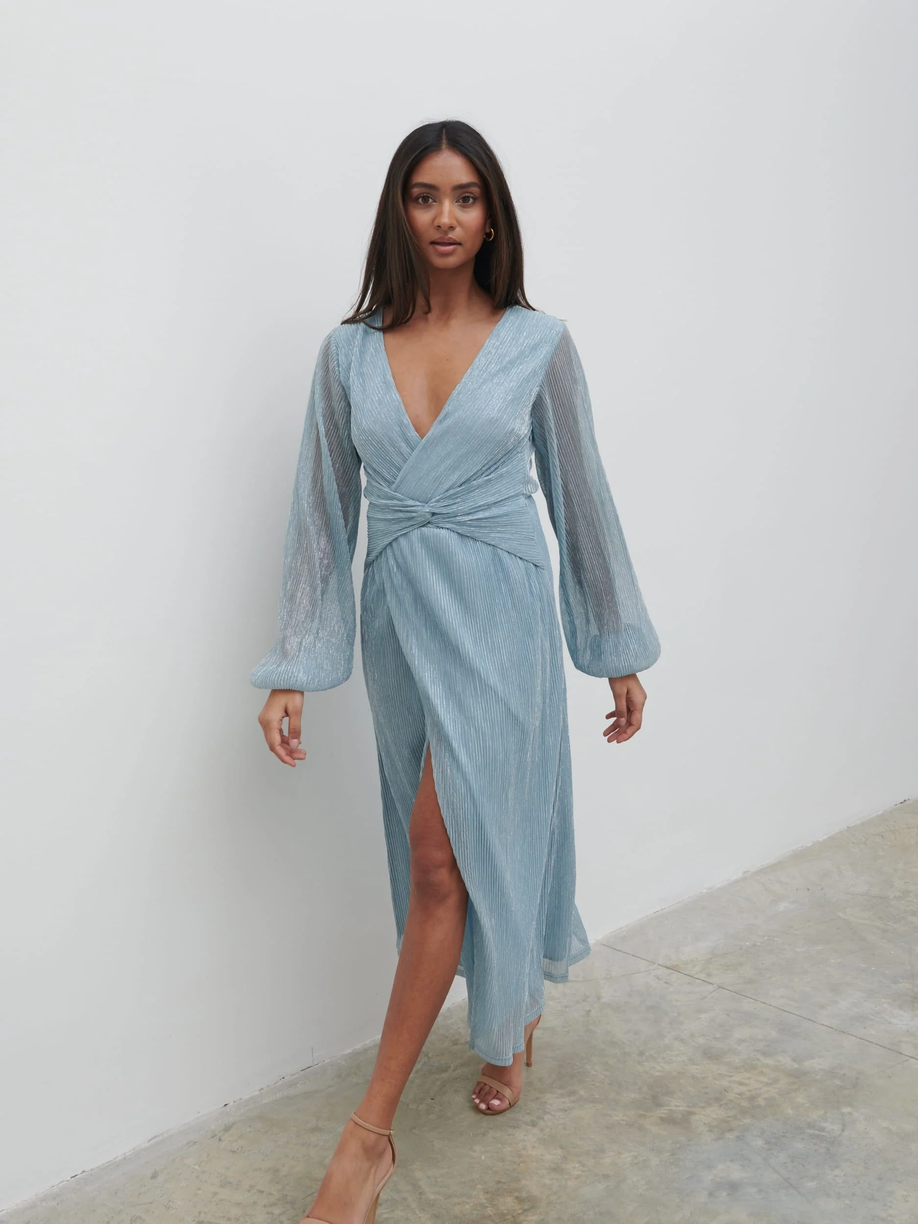 Friena Plisse Knot Contrast Dress - Blue Metallic
