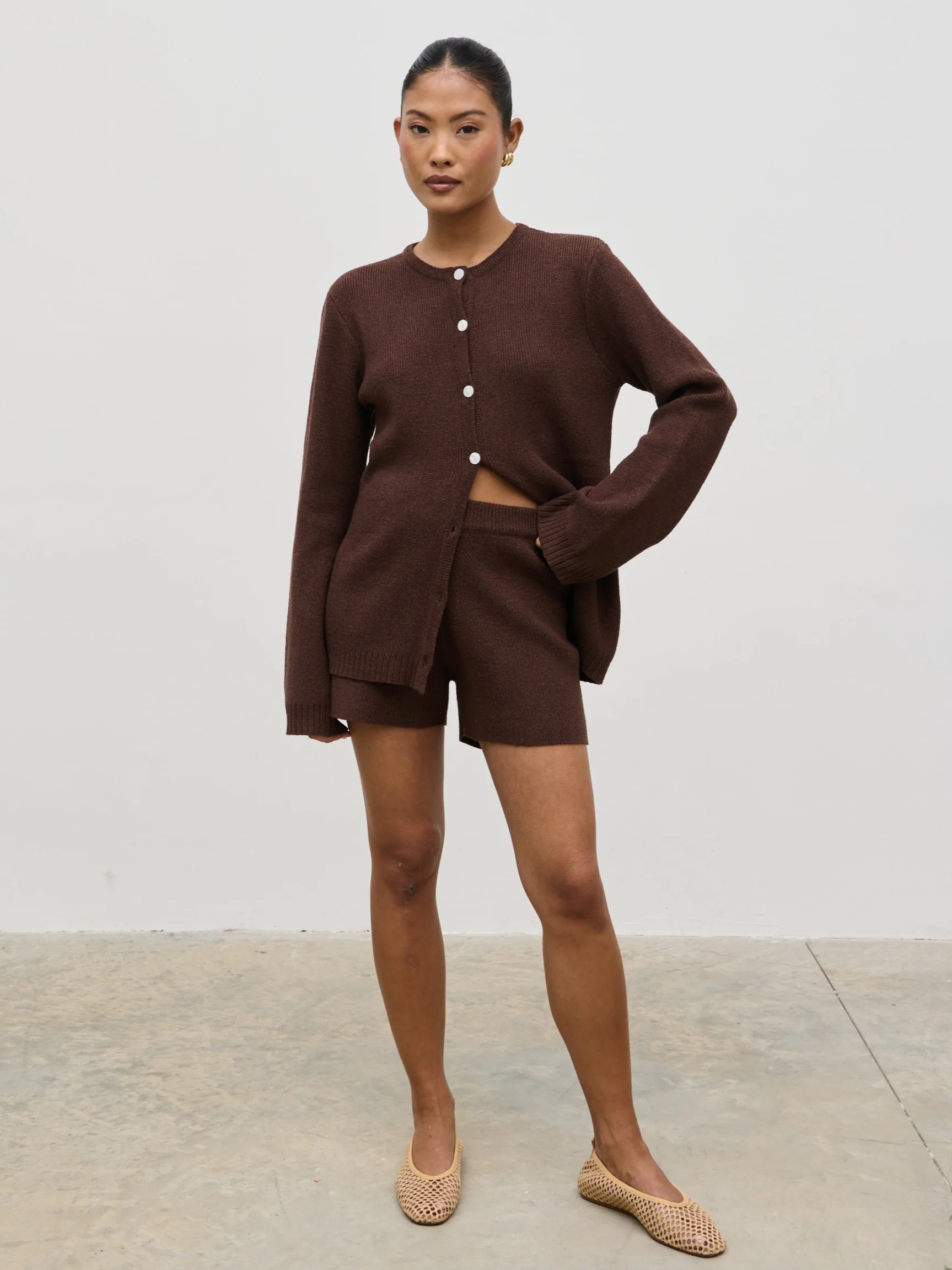 Gracie Fine Tape Knit Shorts - Brown