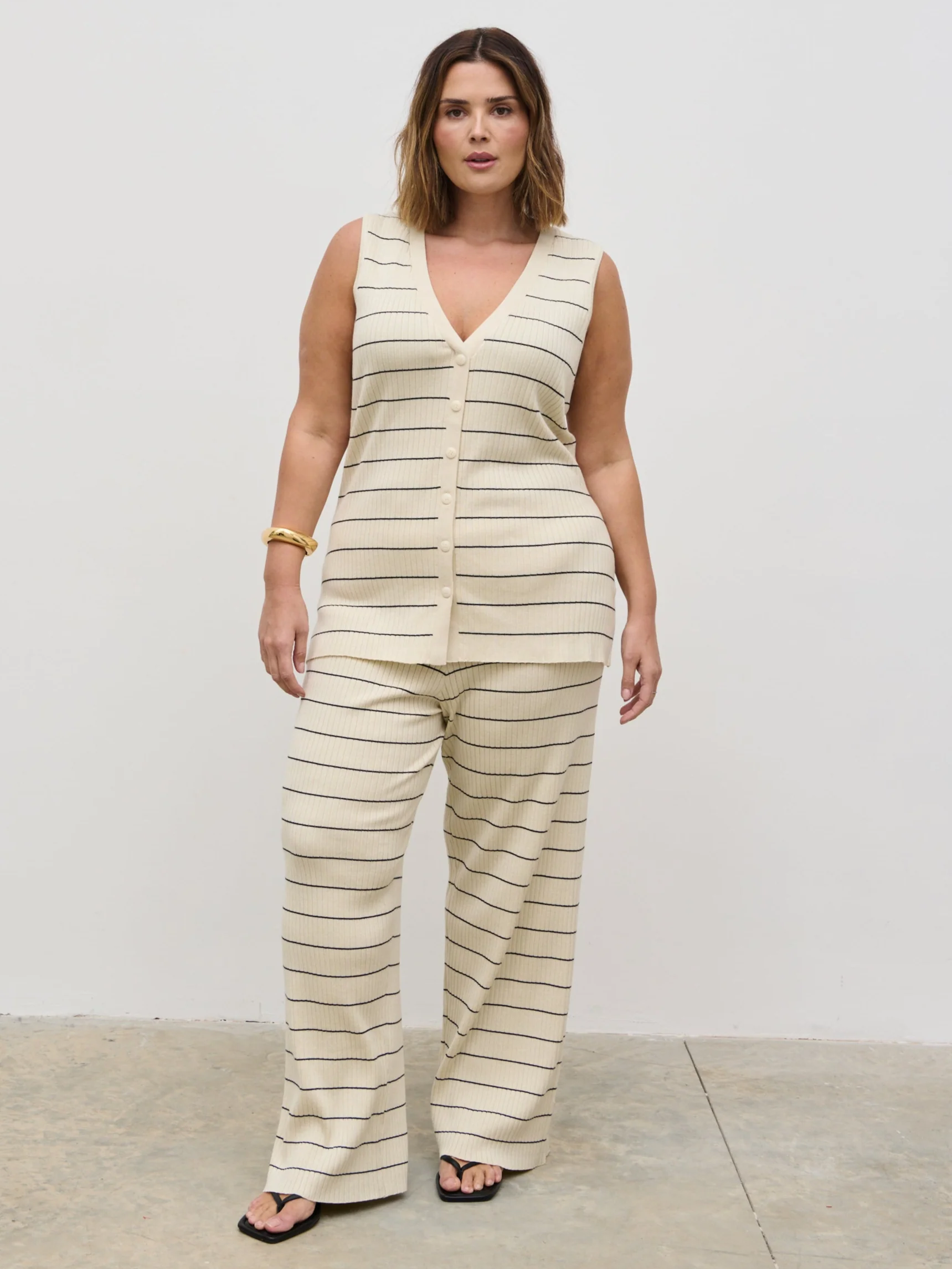 Hattie Stripe Knit Trousers Curve - Cream and Black