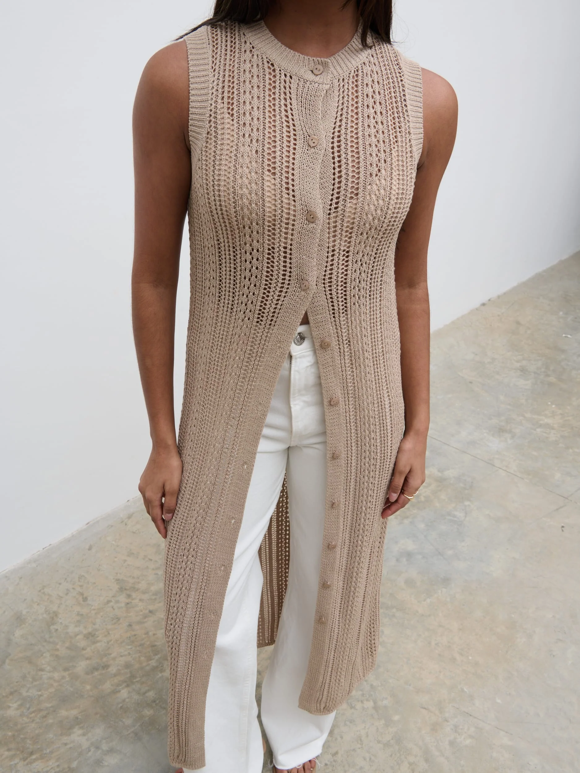 Helen Longline Open Knit Cardigan - beige - Image 2