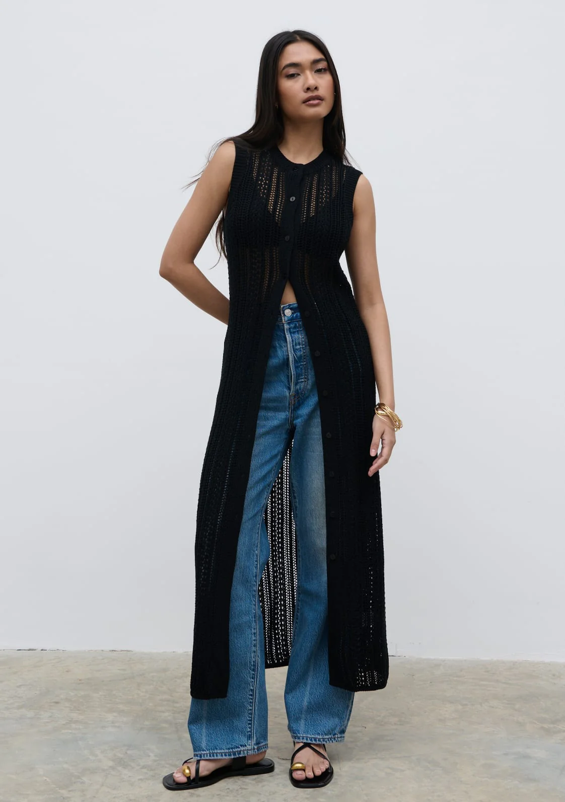 Helen Longline Open Knit Cardigan - Black