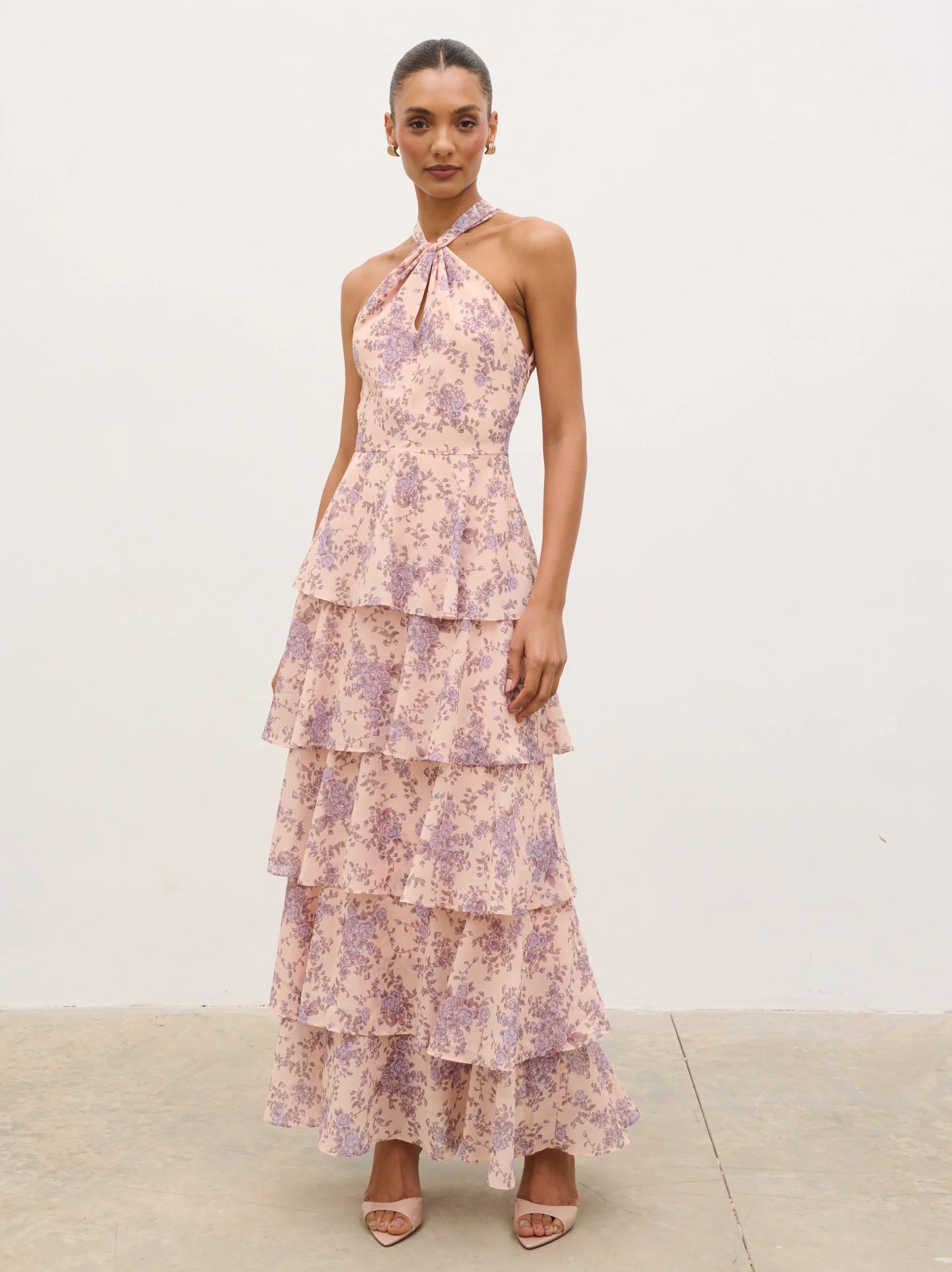 Hester Halterneck Ruffle Maxi Dress - Apricot & Lilac Floral