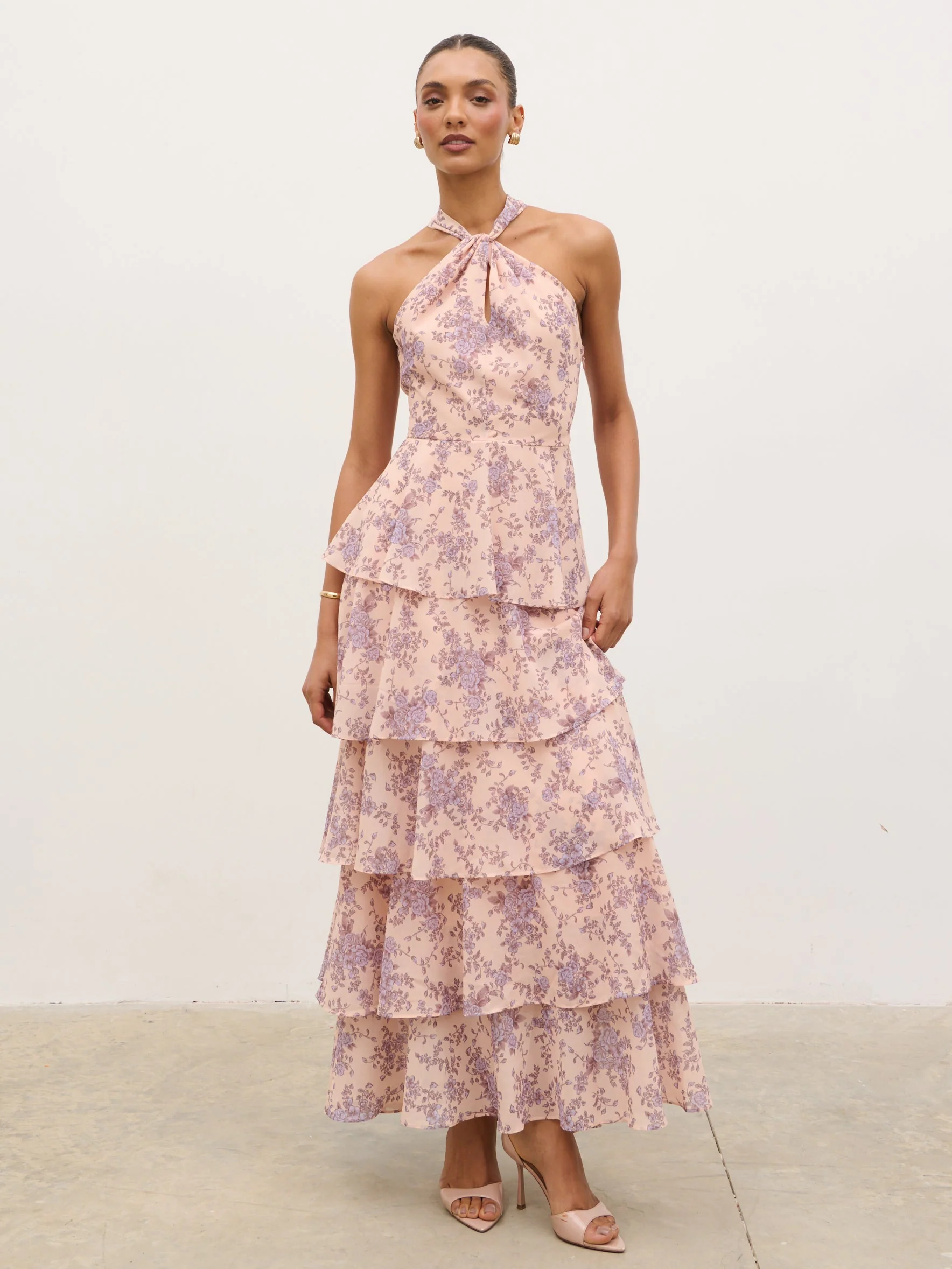 Hester Halterneck Ruffle Maxi Dress - Apricot & Lilac Floral - Image 3