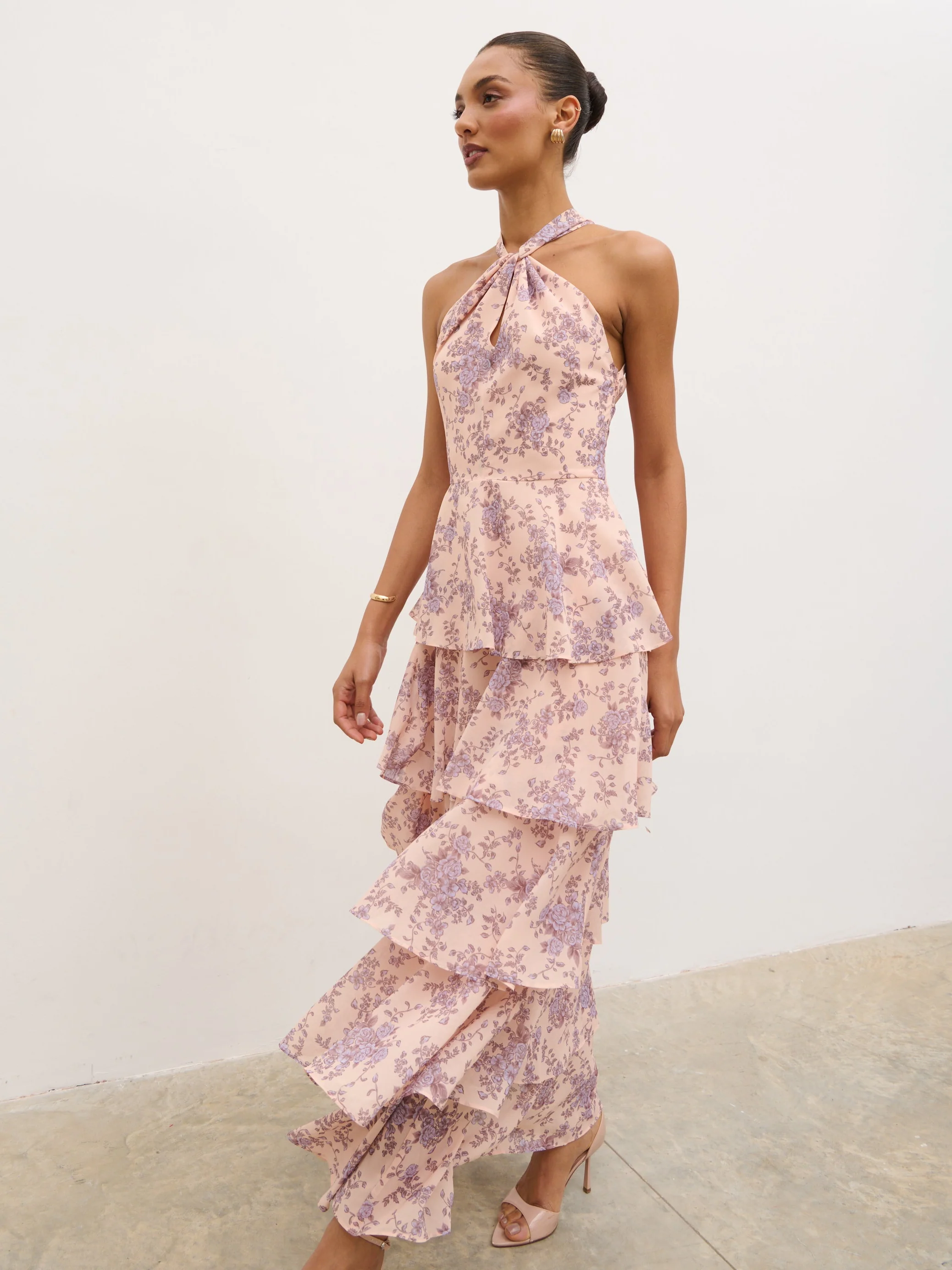Hester Halterneck Ruffle Maxi Dress - Apricot & Lilac Floral - Image 4