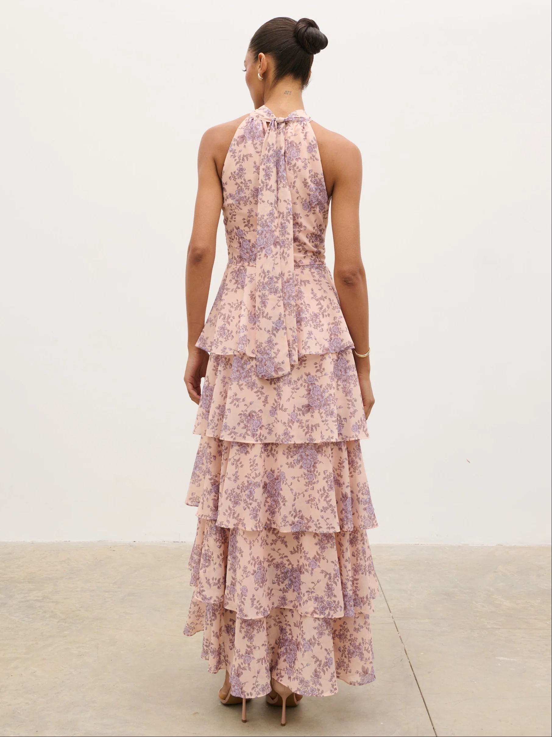 Hester Halterneck Ruffle Maxi Dress - Apricot & Lilac Floral - Image 6