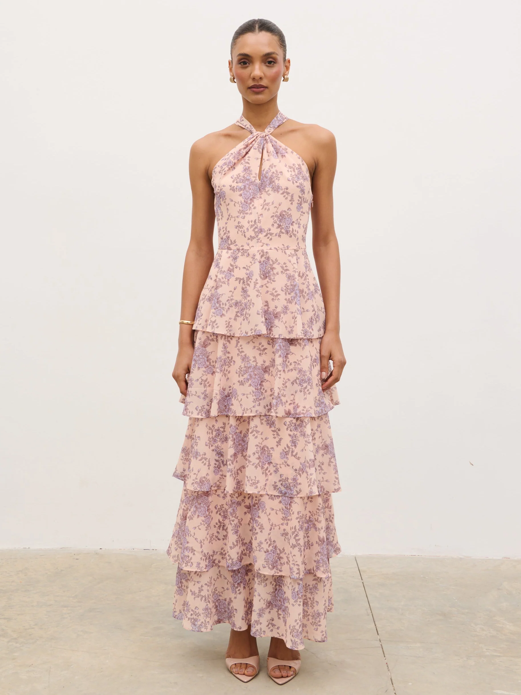 Hester Halterneck Ruffle Maxi Dress - Apricot & Lilac Floral - Image 7