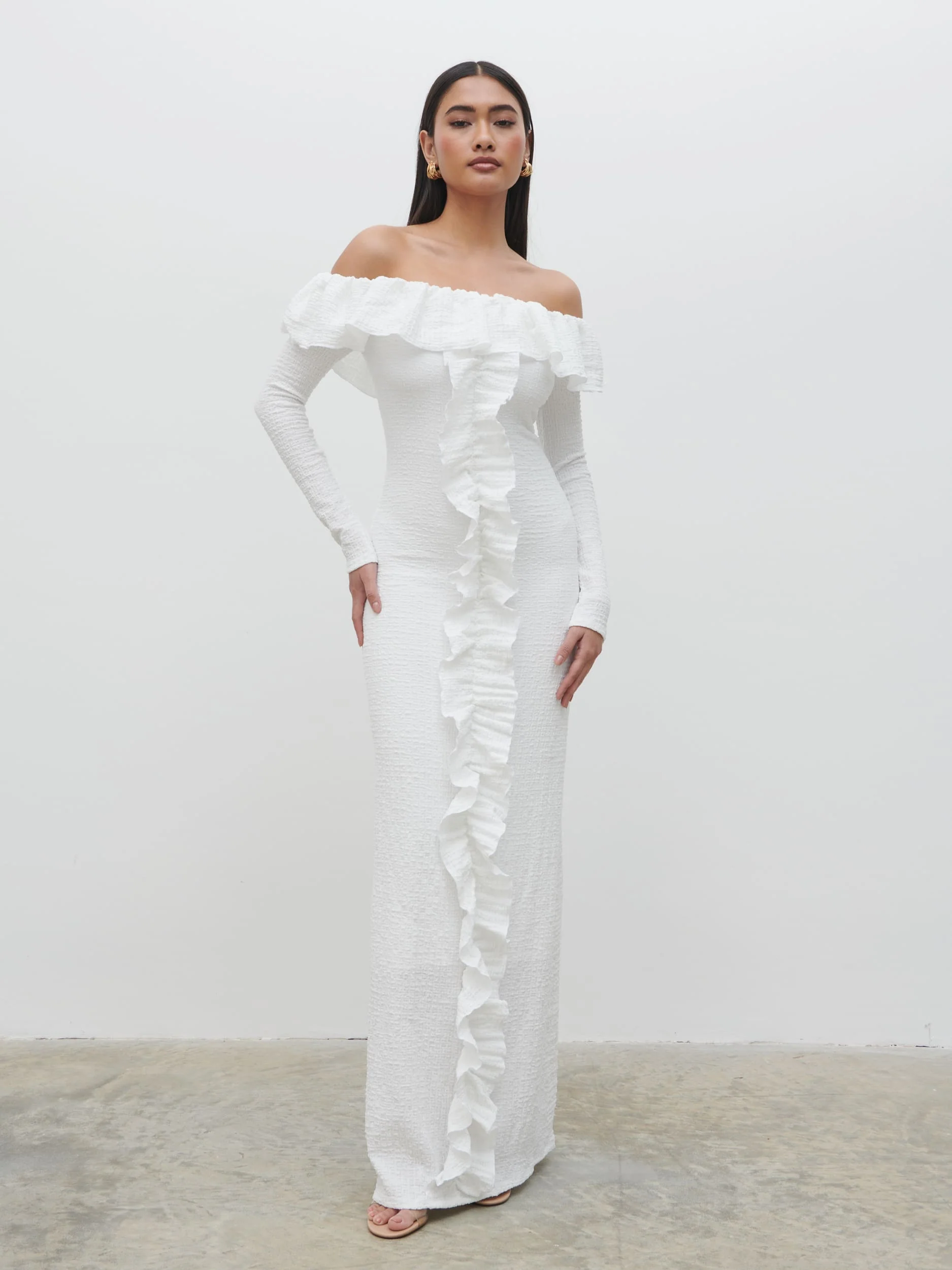 Hope Bardot Ruffle Jersey Maxi Dress - Cream