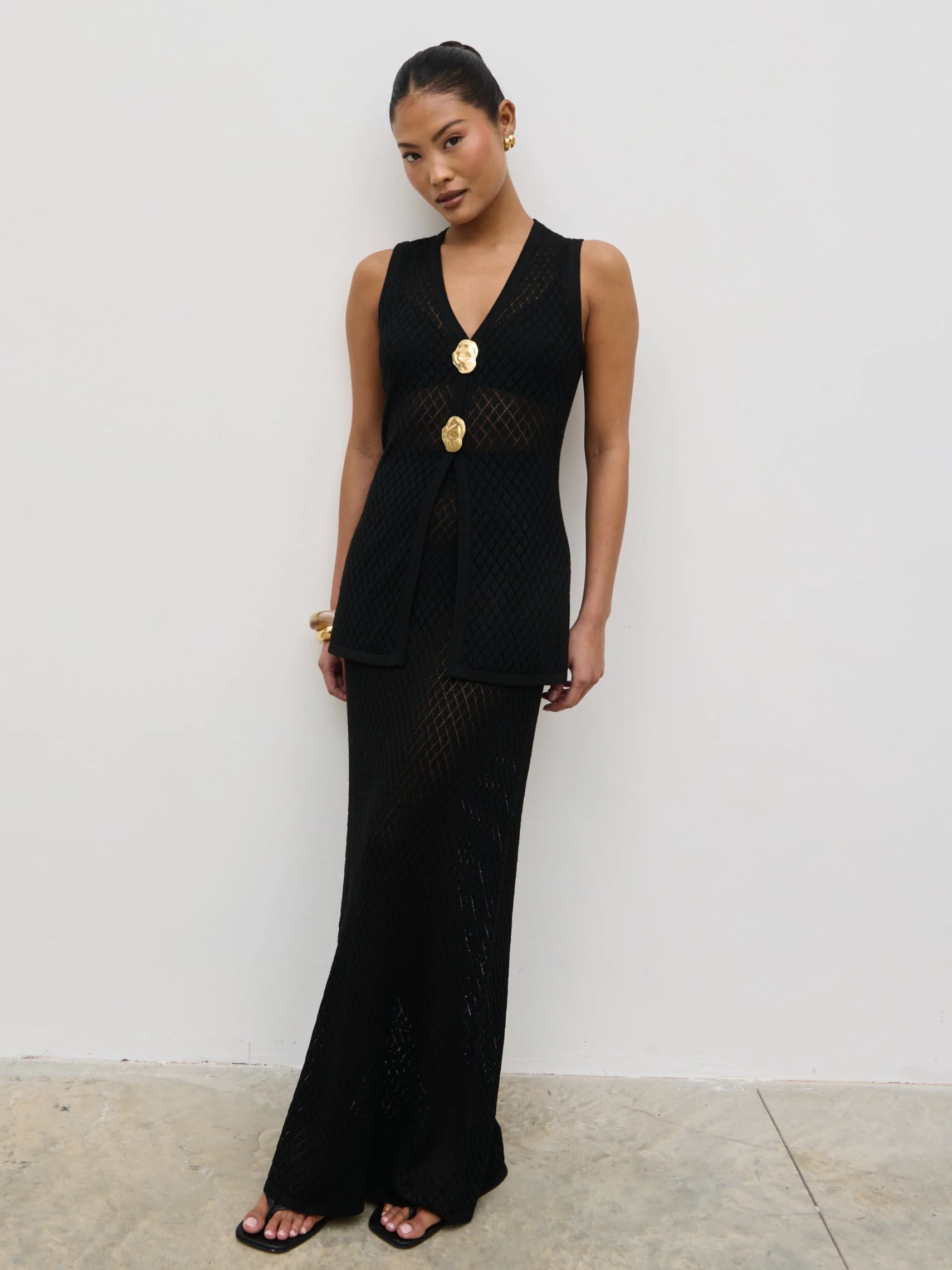Imani Pointelle Knit Maxi Skirt - Black