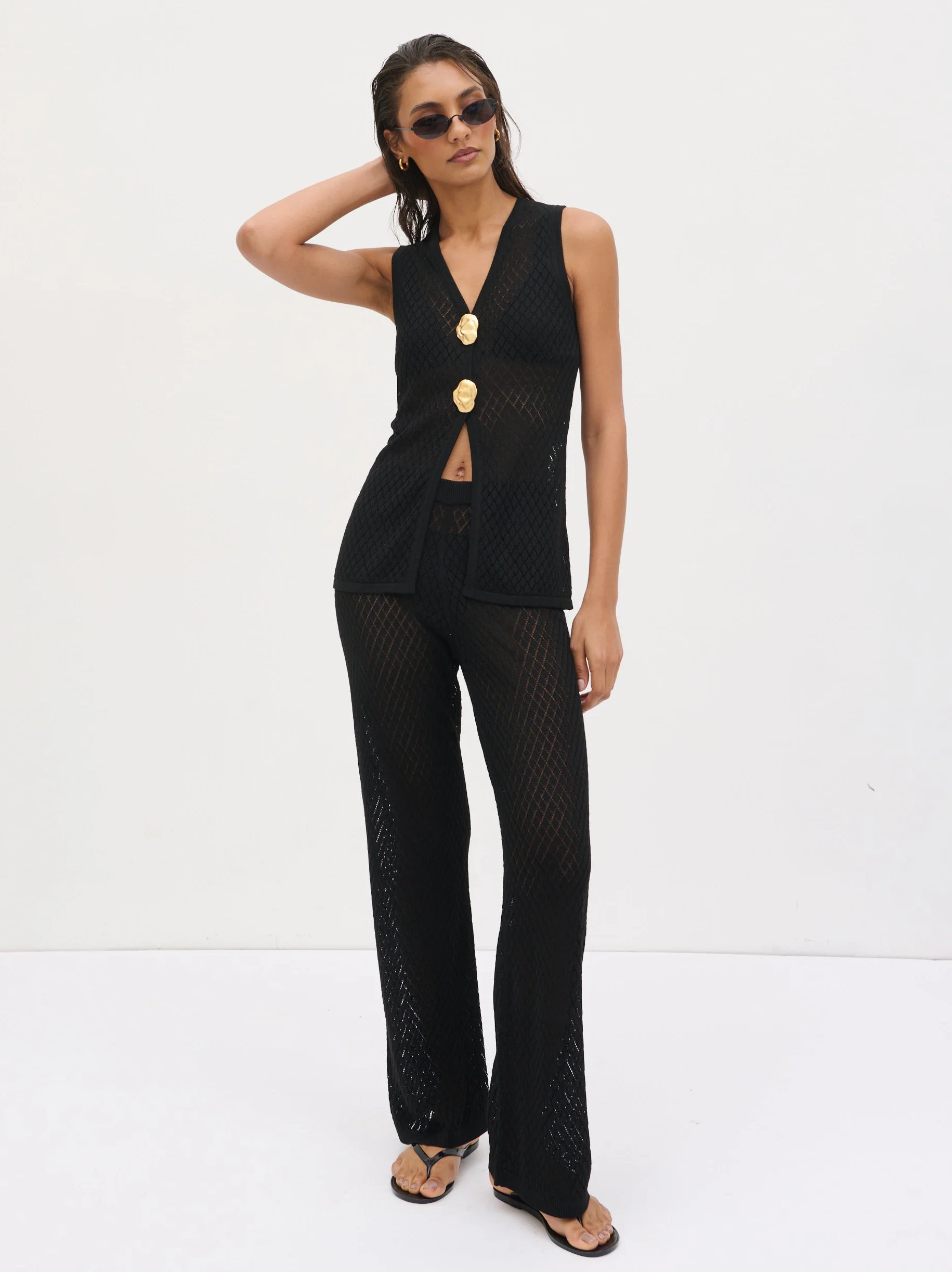 Imani Pointelle Knit Trousers - Black