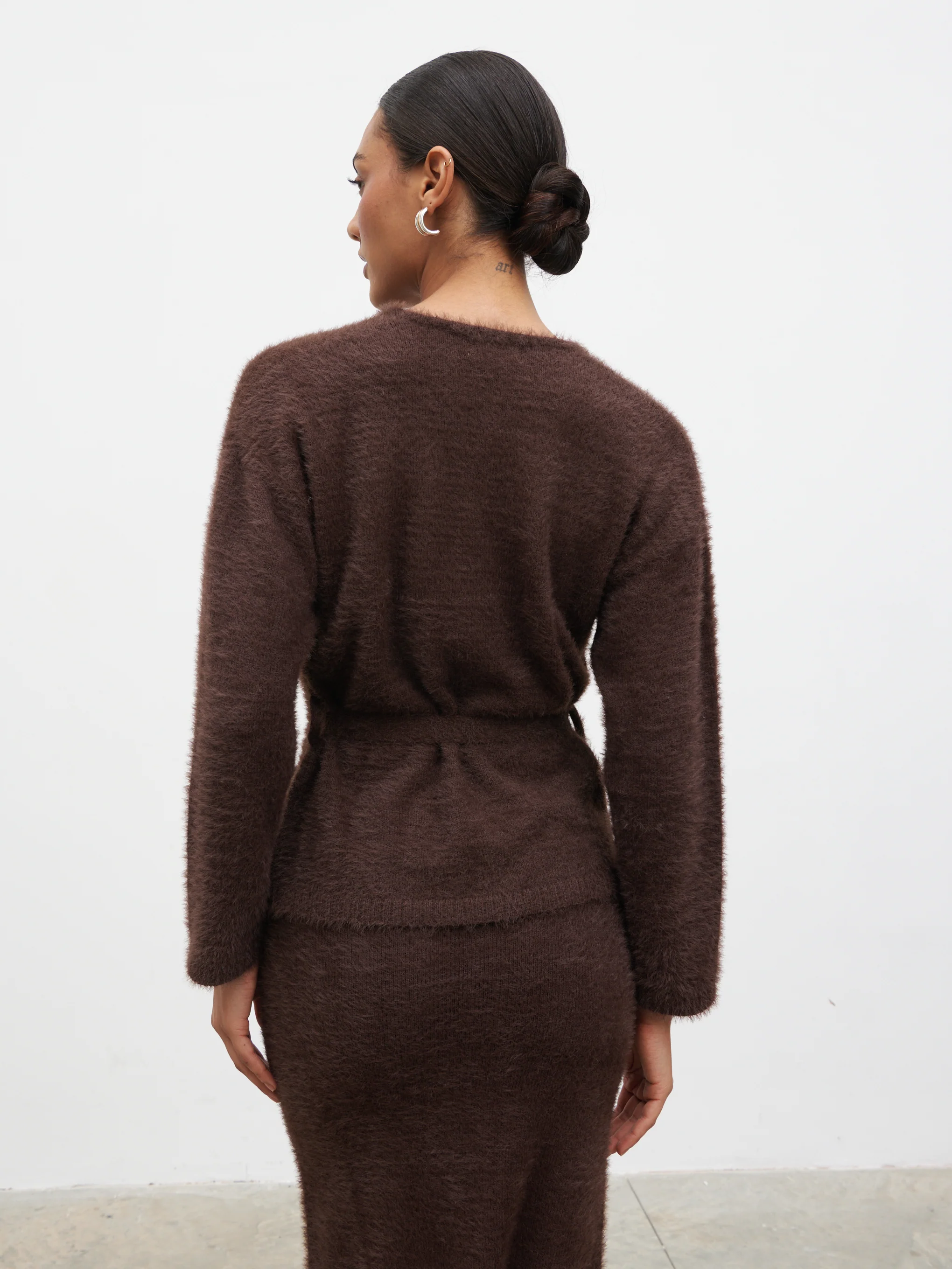 Isabella Fluffy Knit Tie Waist Cardigan - Chocolate - Image 6