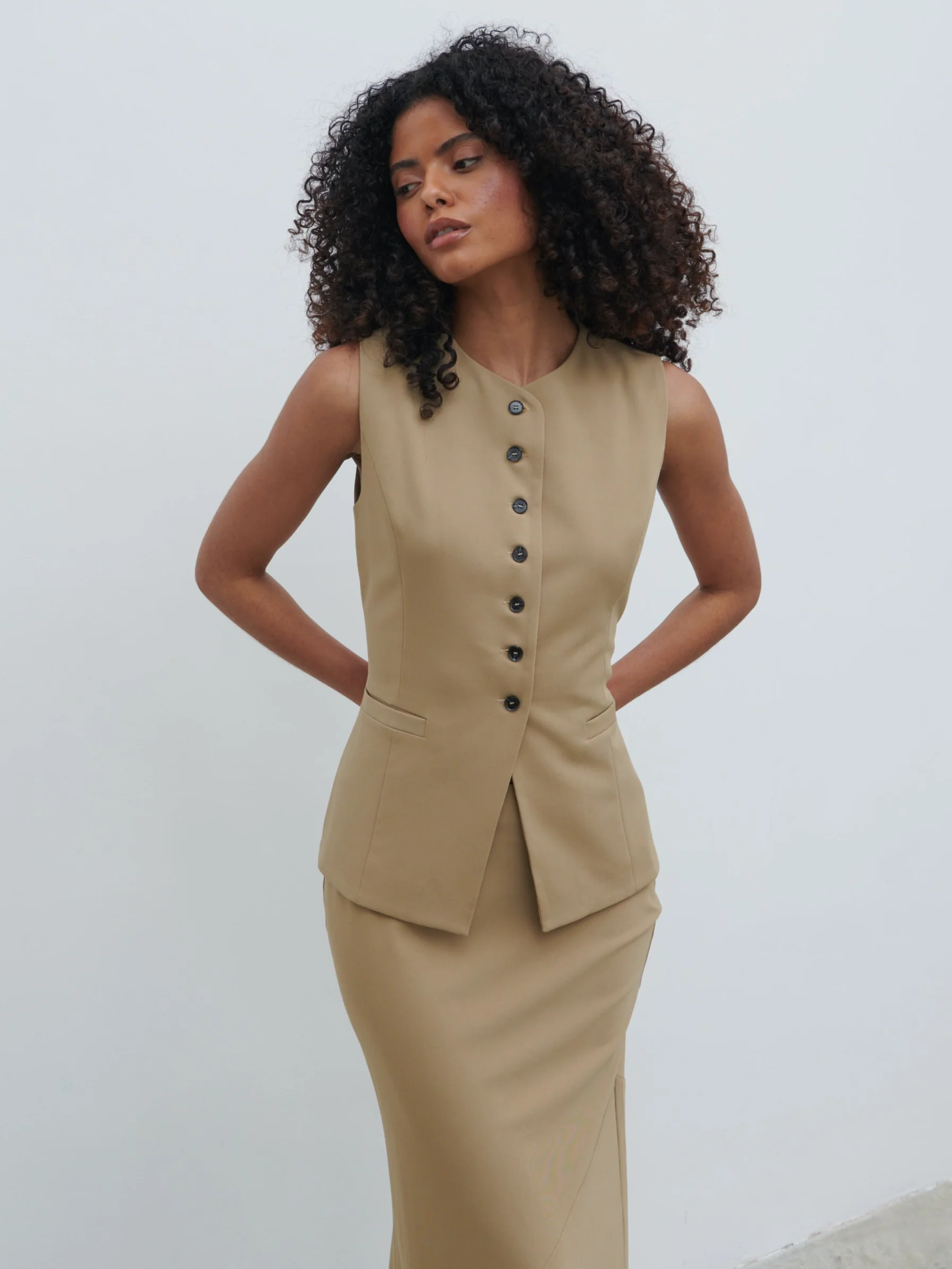 Jean Buttoned Down Waistcoat - Camel Beige