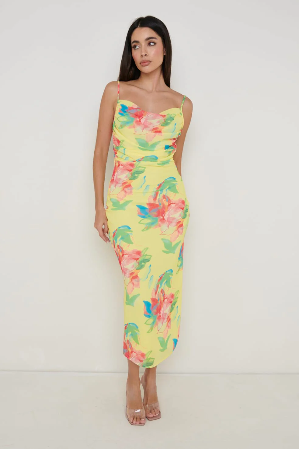Keisha Ruched Midaxi Dress - Lemon Abstract Floral