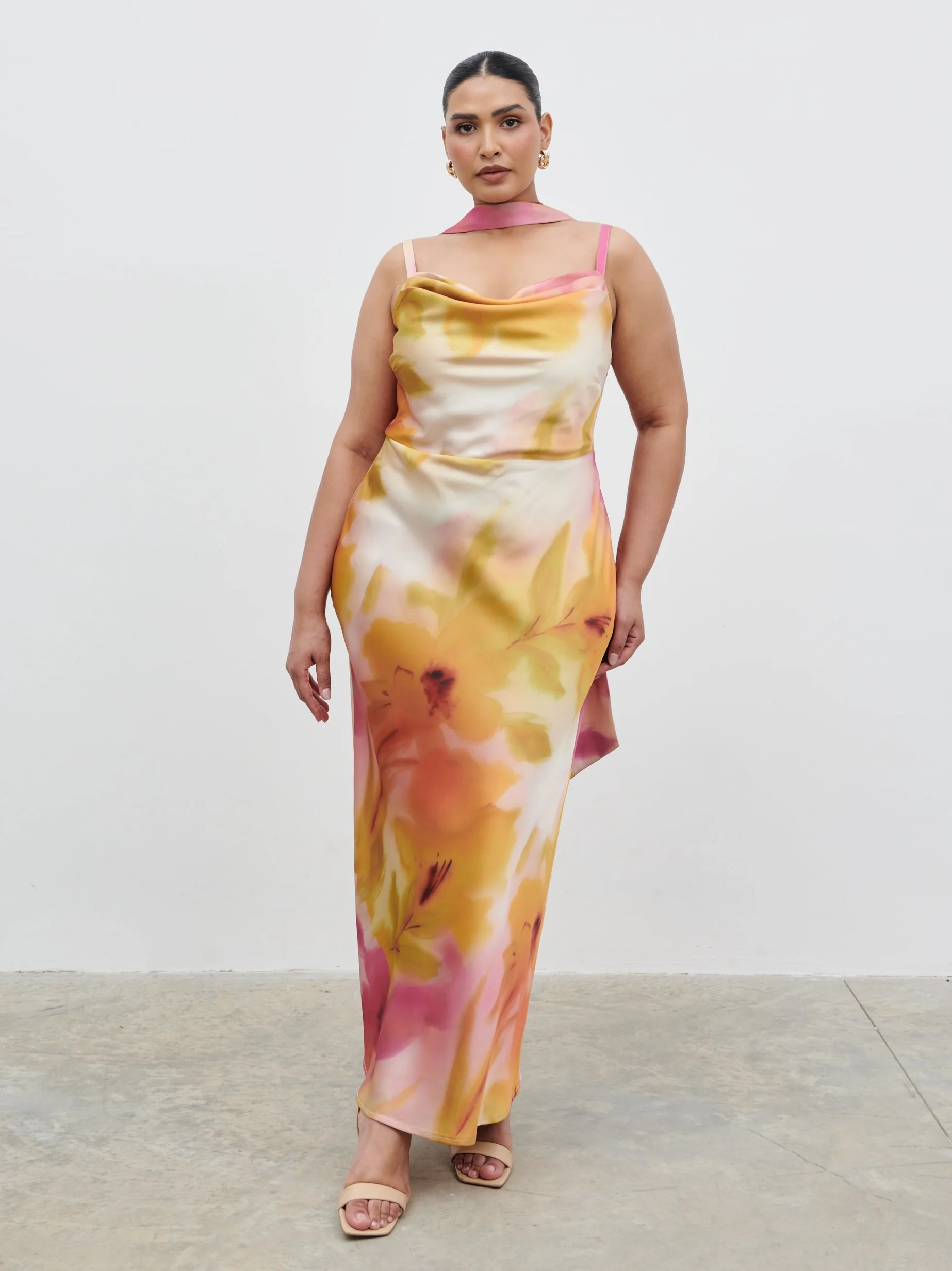 Keisha Scarf Maxi Dress Curve - Pink and Yellow Ochre Floral