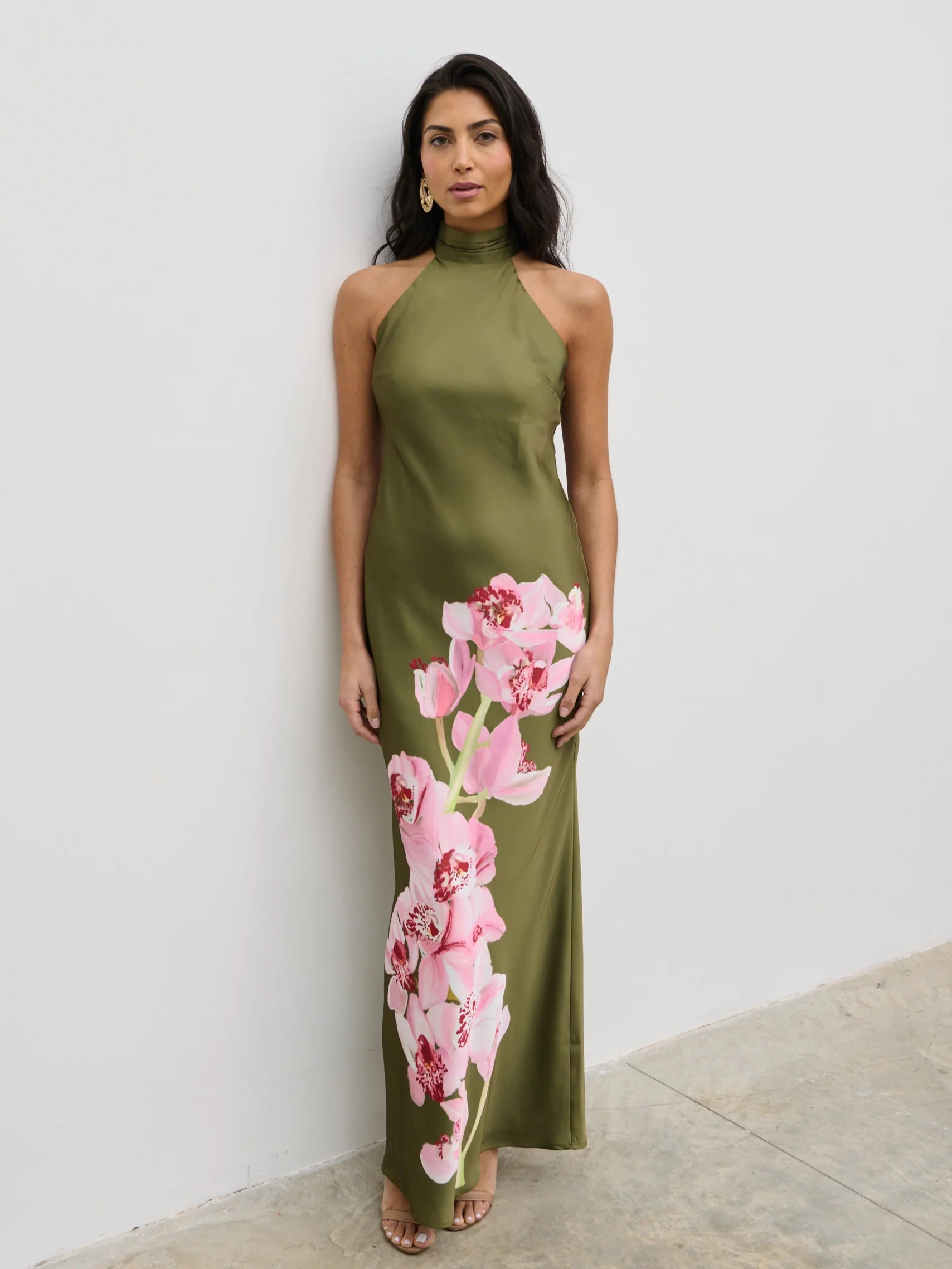 Kiara Halterneck Maxi Dress - Olive and Pink Floral