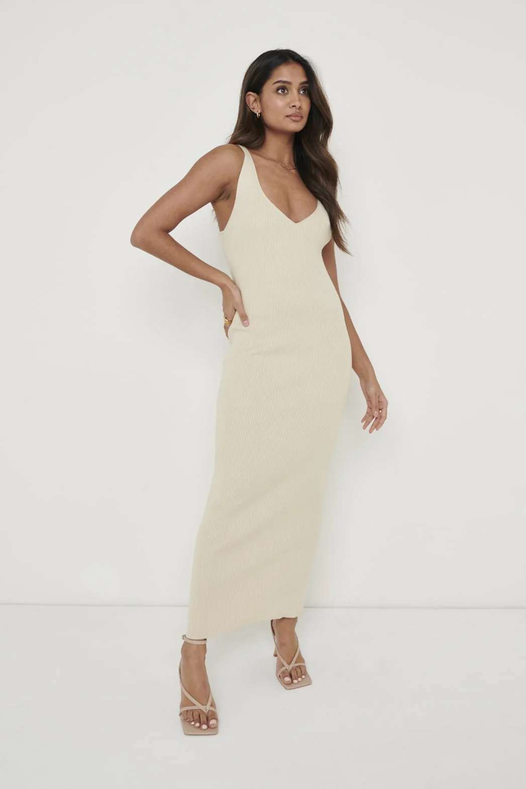 Lara Ribbed Midaxi Dress - Light Beige