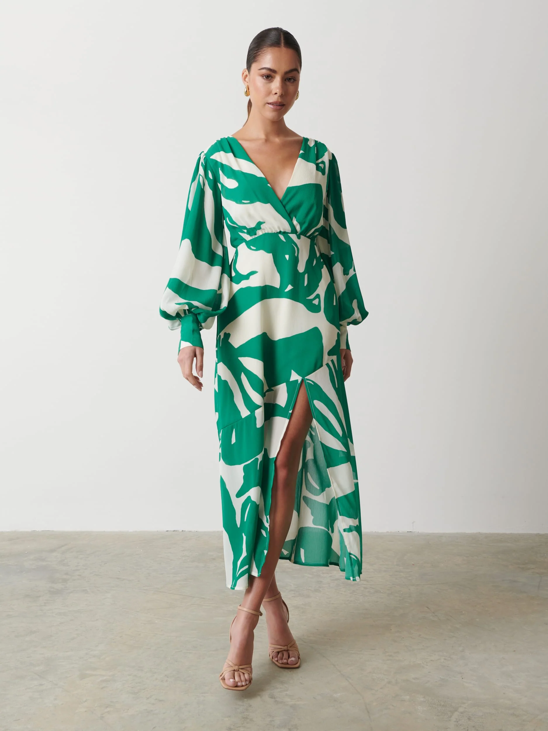 Lilianna Backless Balloon Sleeve Printed Dress - Green Abstract