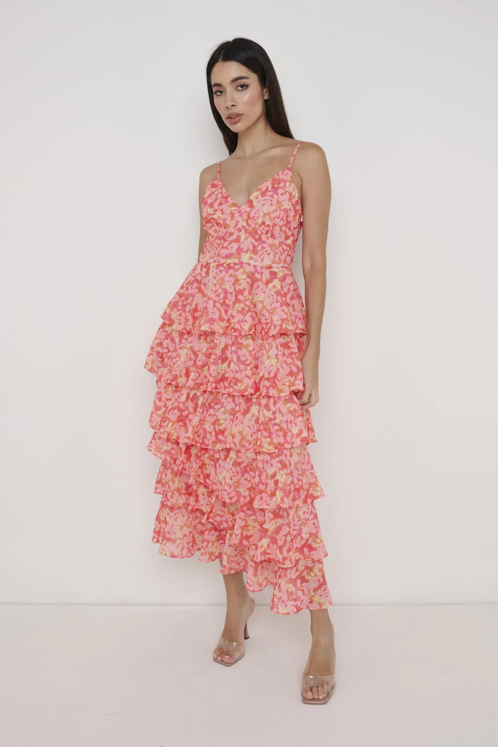 Lissy Ruffle Midaxi Dress - Orange and Pink Floral