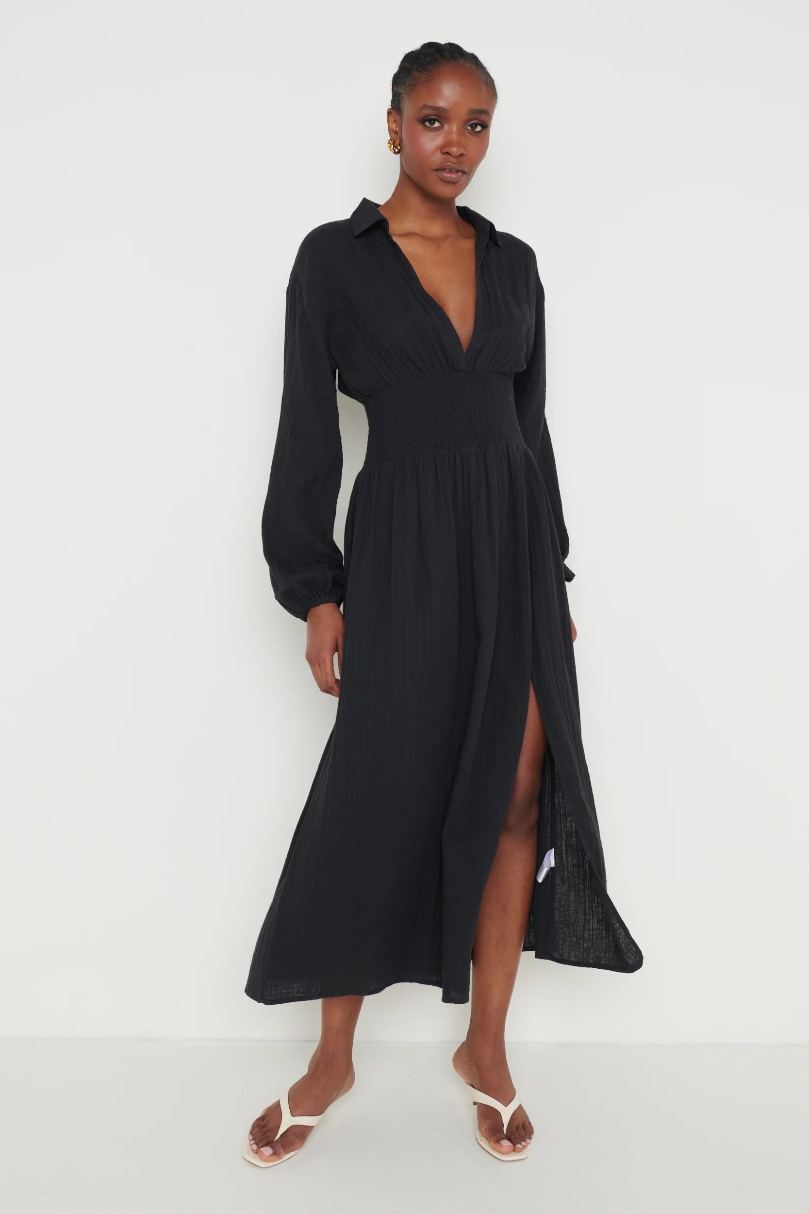Loretta Shirred Midaxi Dress - Black