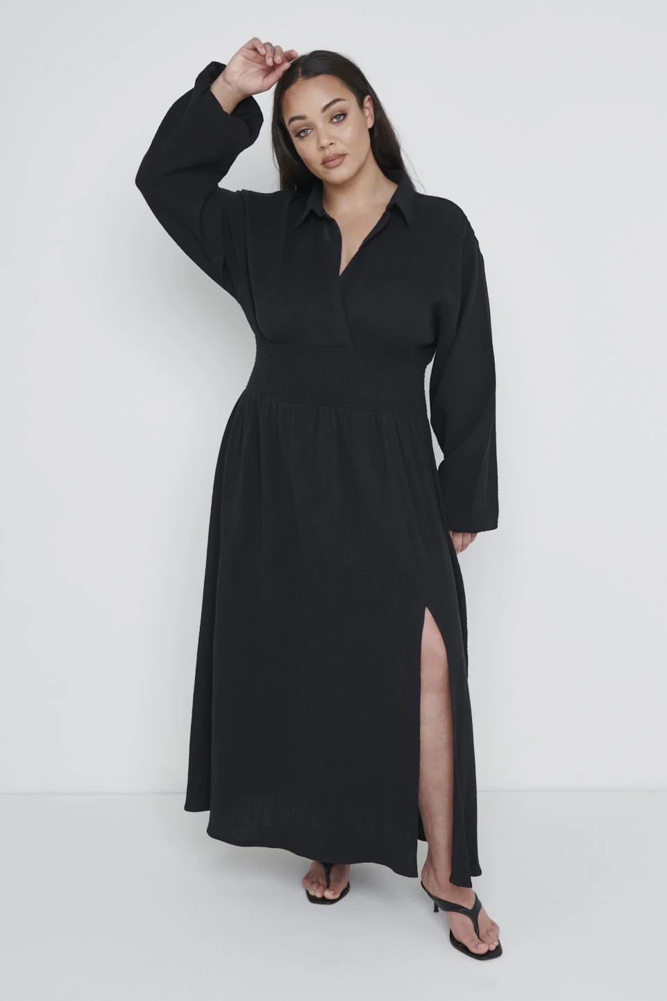 Loretta Shirred Midaxi Dress Curve - Black