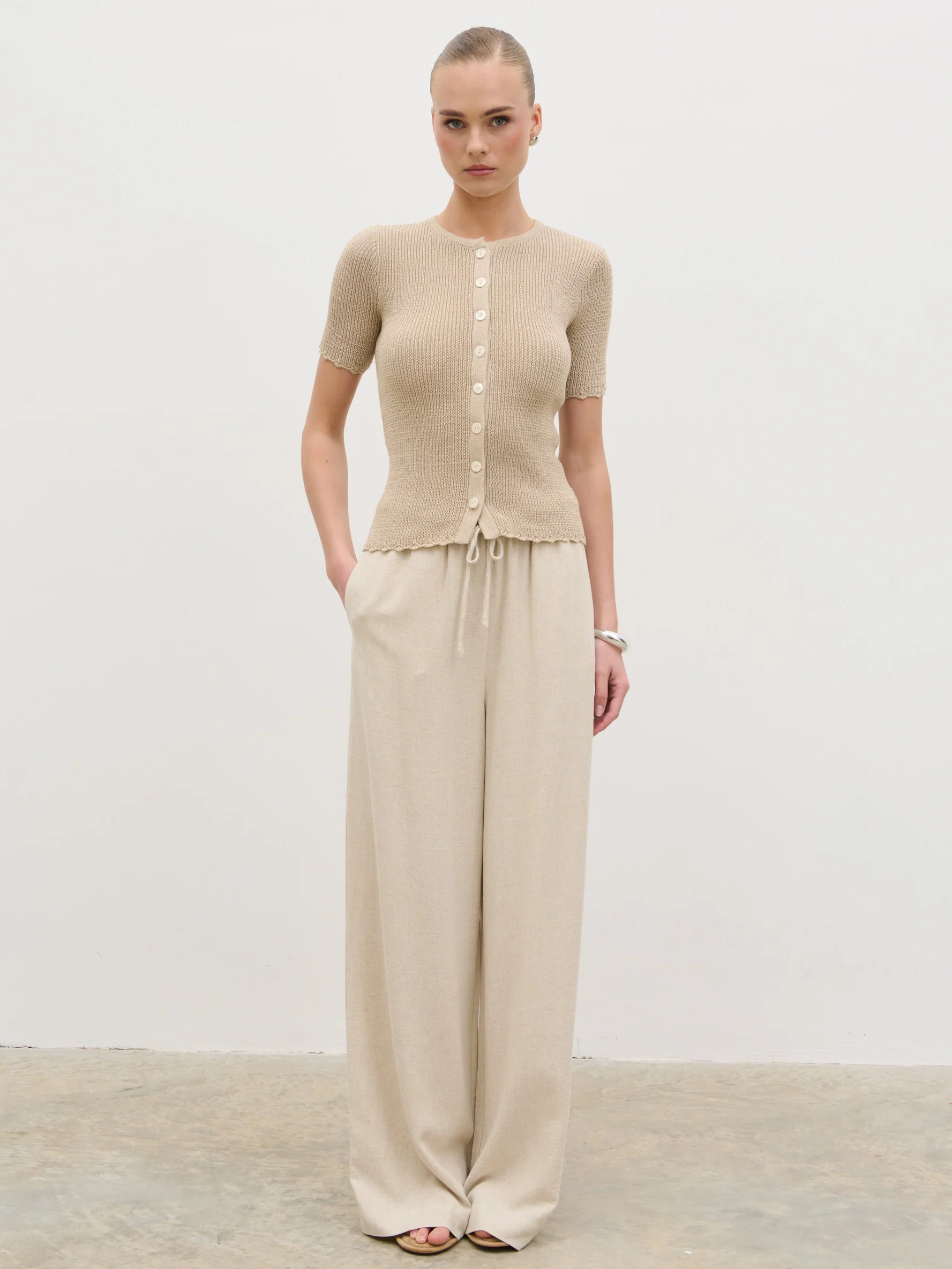 Louna Scallop Detail Cream Knit Button Top - Beige