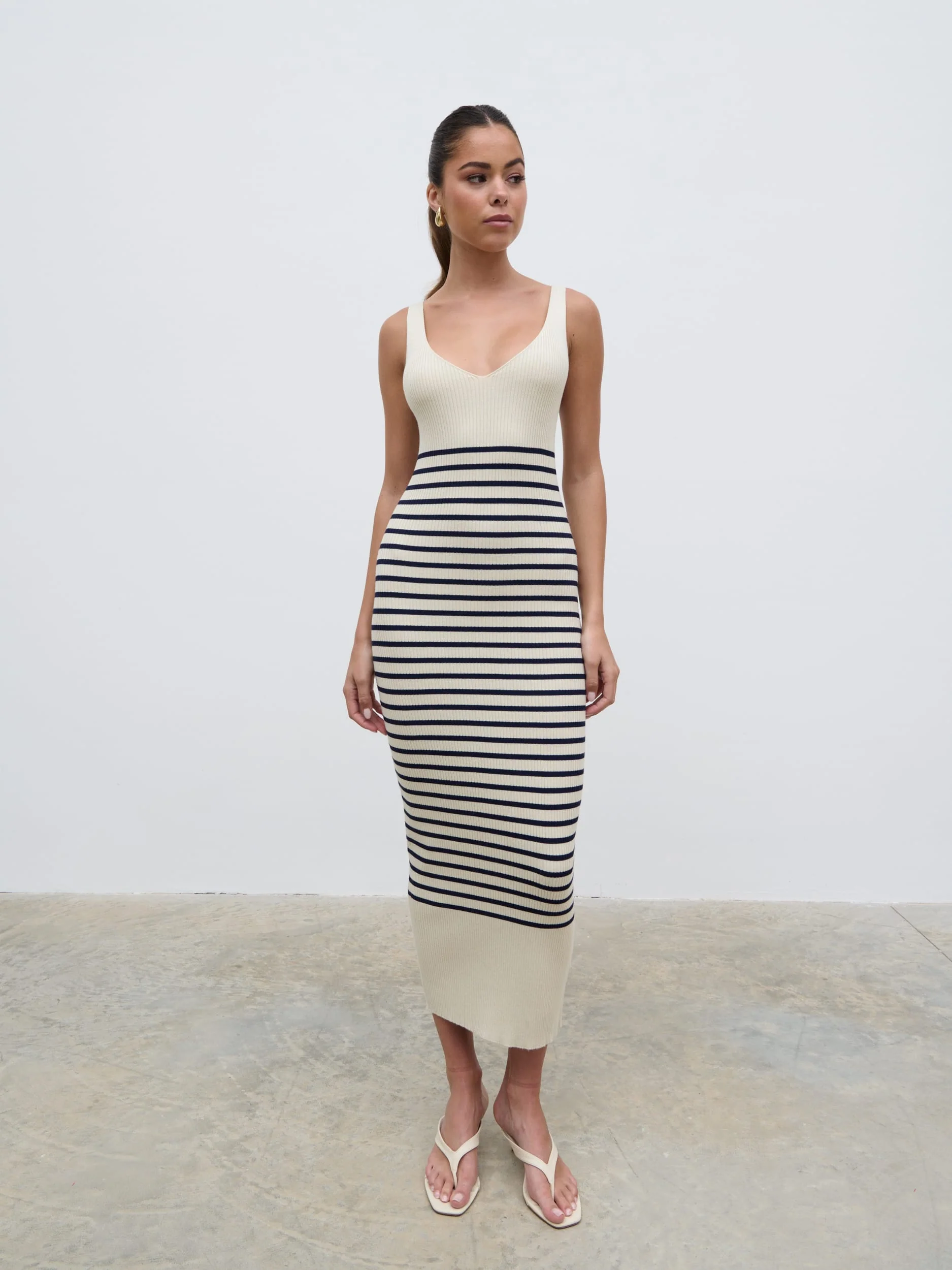Maria Stripe Knit Midaxi Dress - Cream and Navy