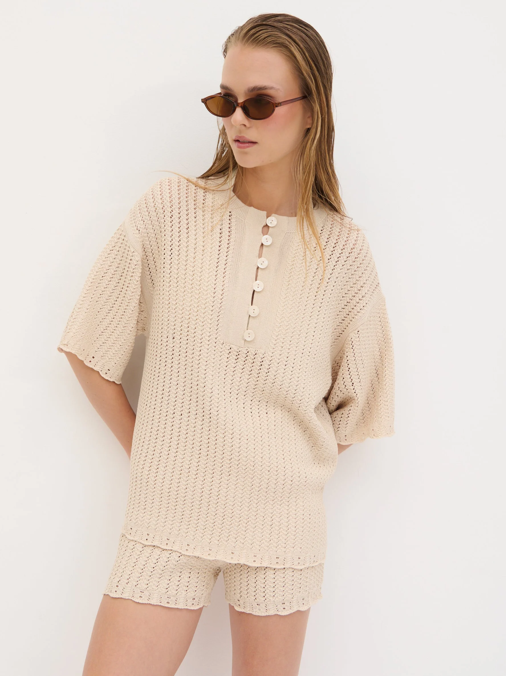Marina Open Work Oversized Knit Top - Cream