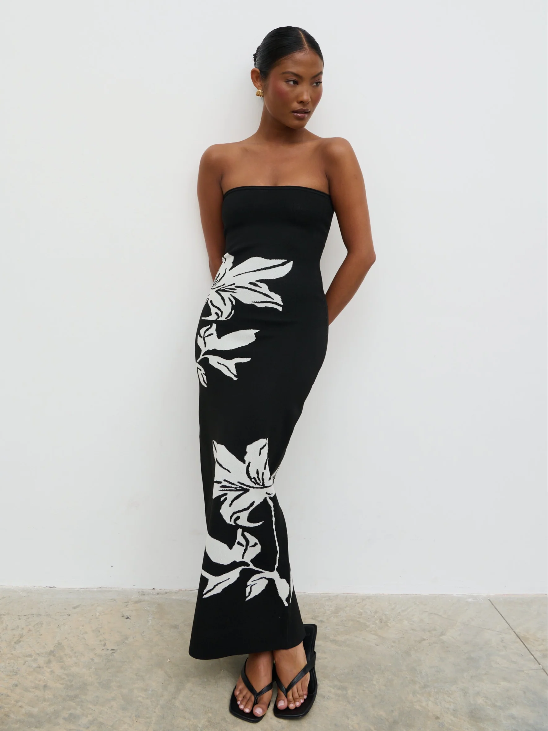 Milena Floral Bandeau Knit Midaxi Dress - Black and Cream