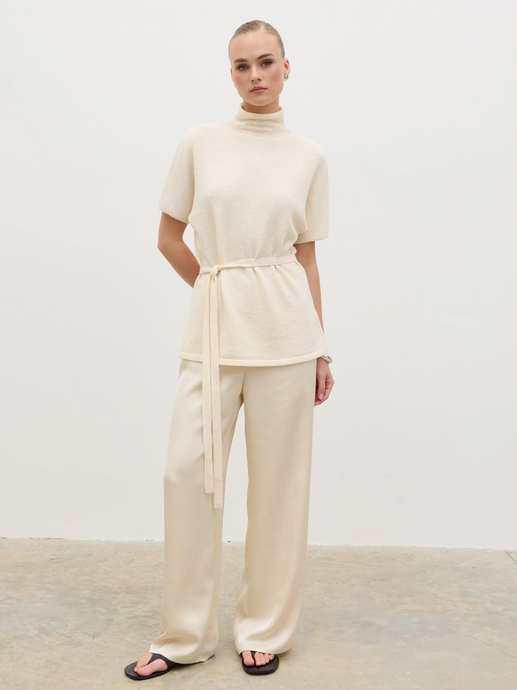 Nava Grown Neck Belted Knit Top - Cream