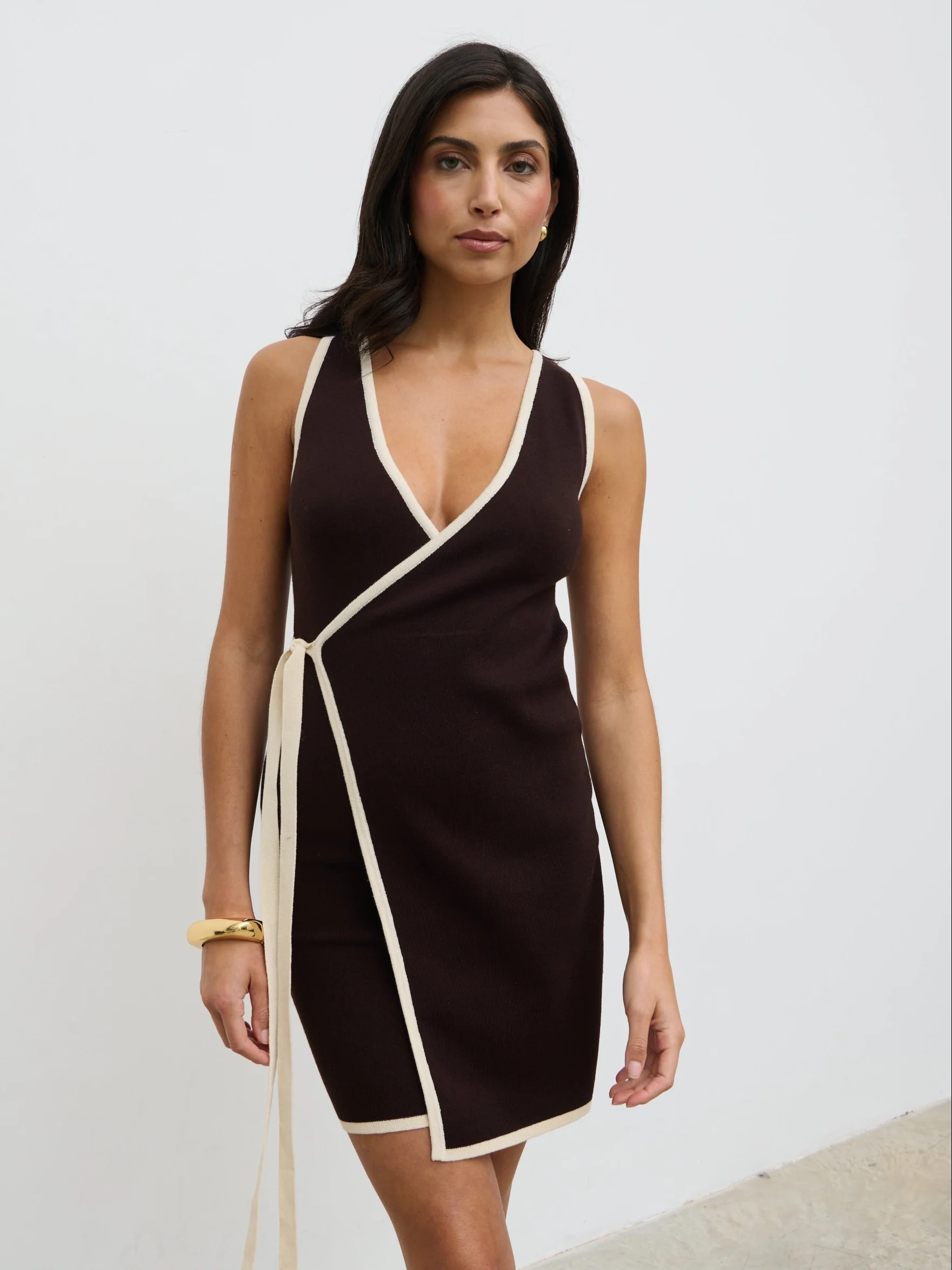 Olive Contrast Wrap Knit Mini Dress - Chocolate